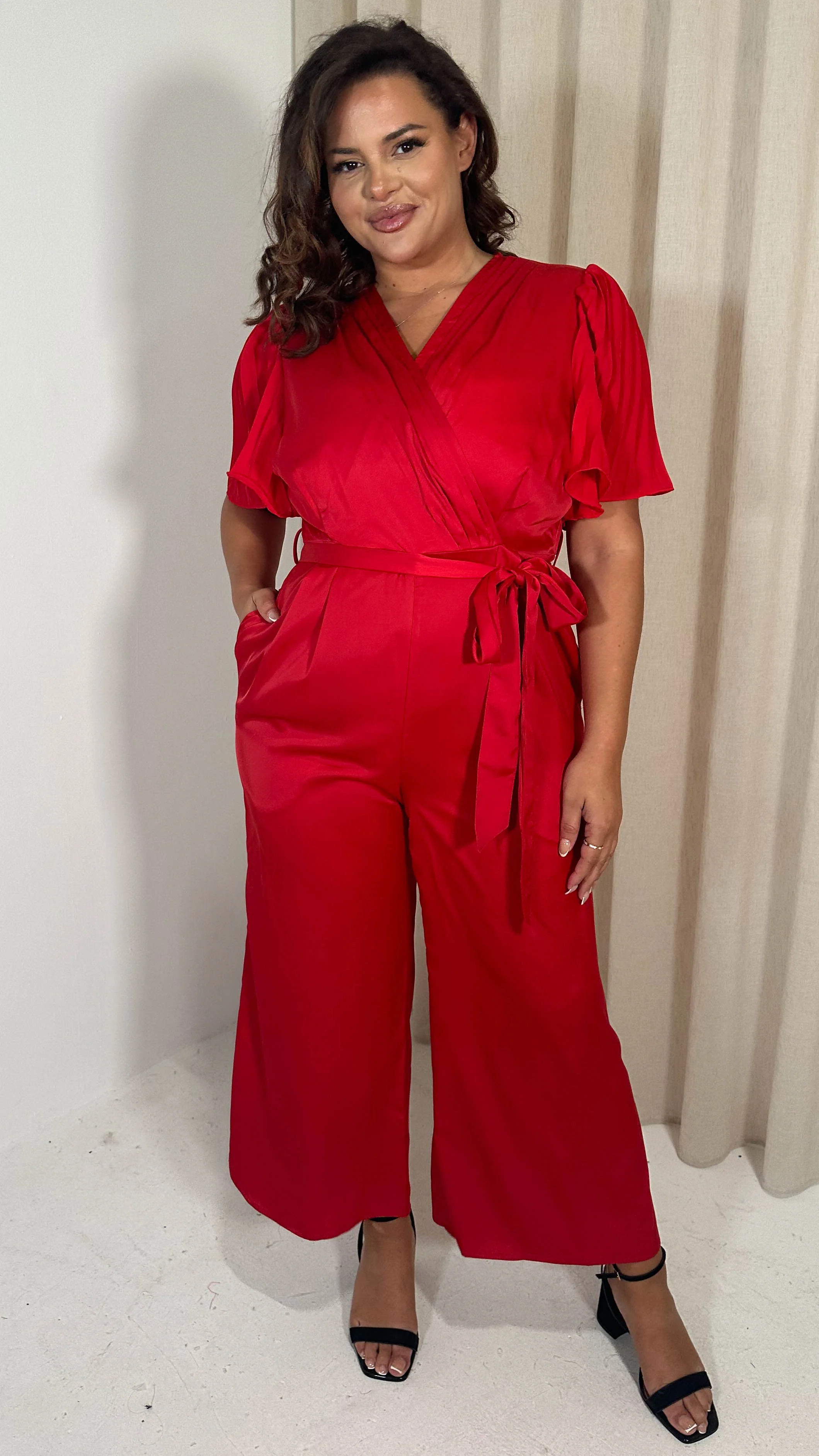 CurveWow Pleated Sleeve Wrap Jumpsuit Red - Image 2