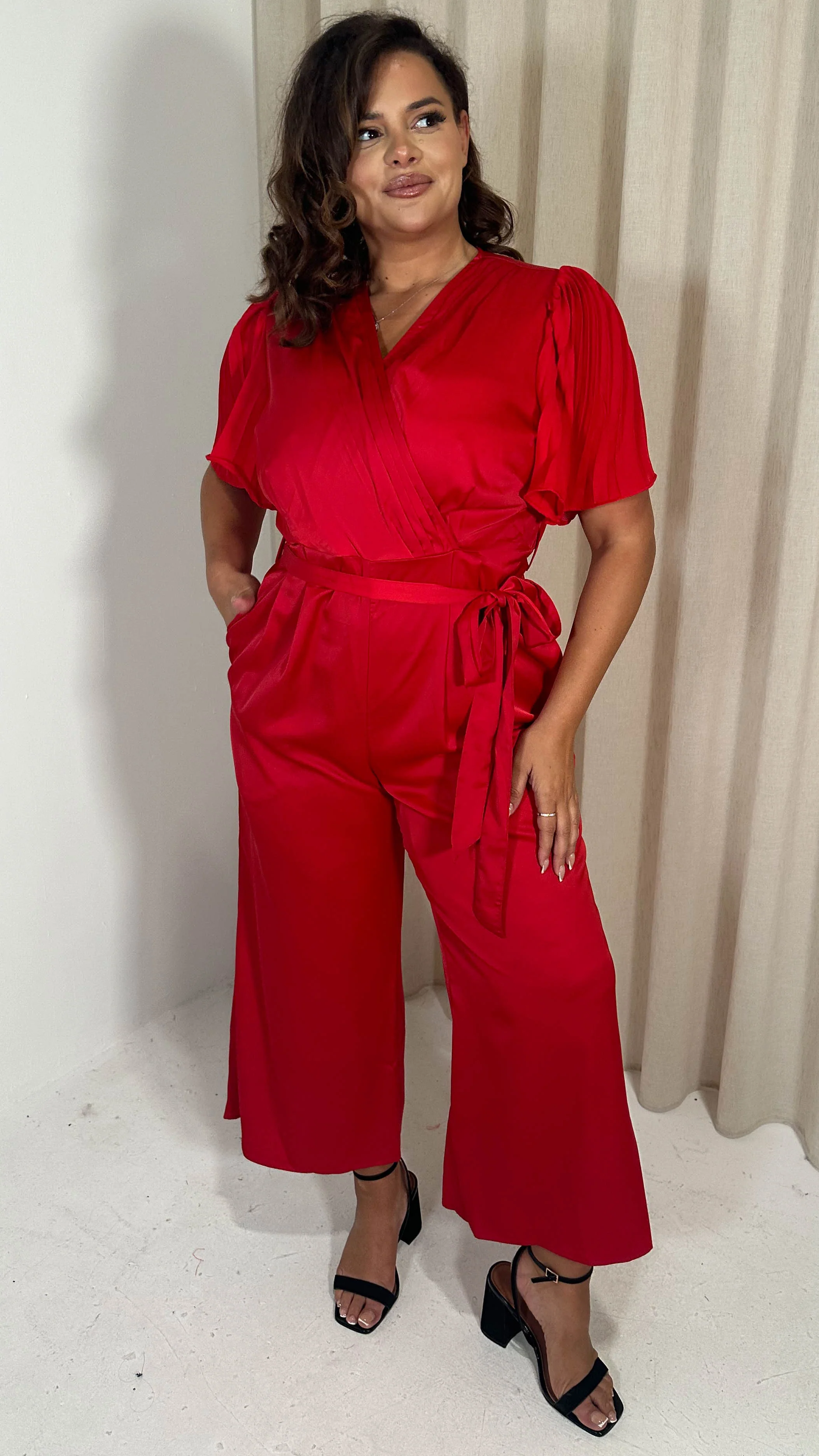 CurveWow Pleated Sleeve Wrap Jumpsuit Red - Image 4