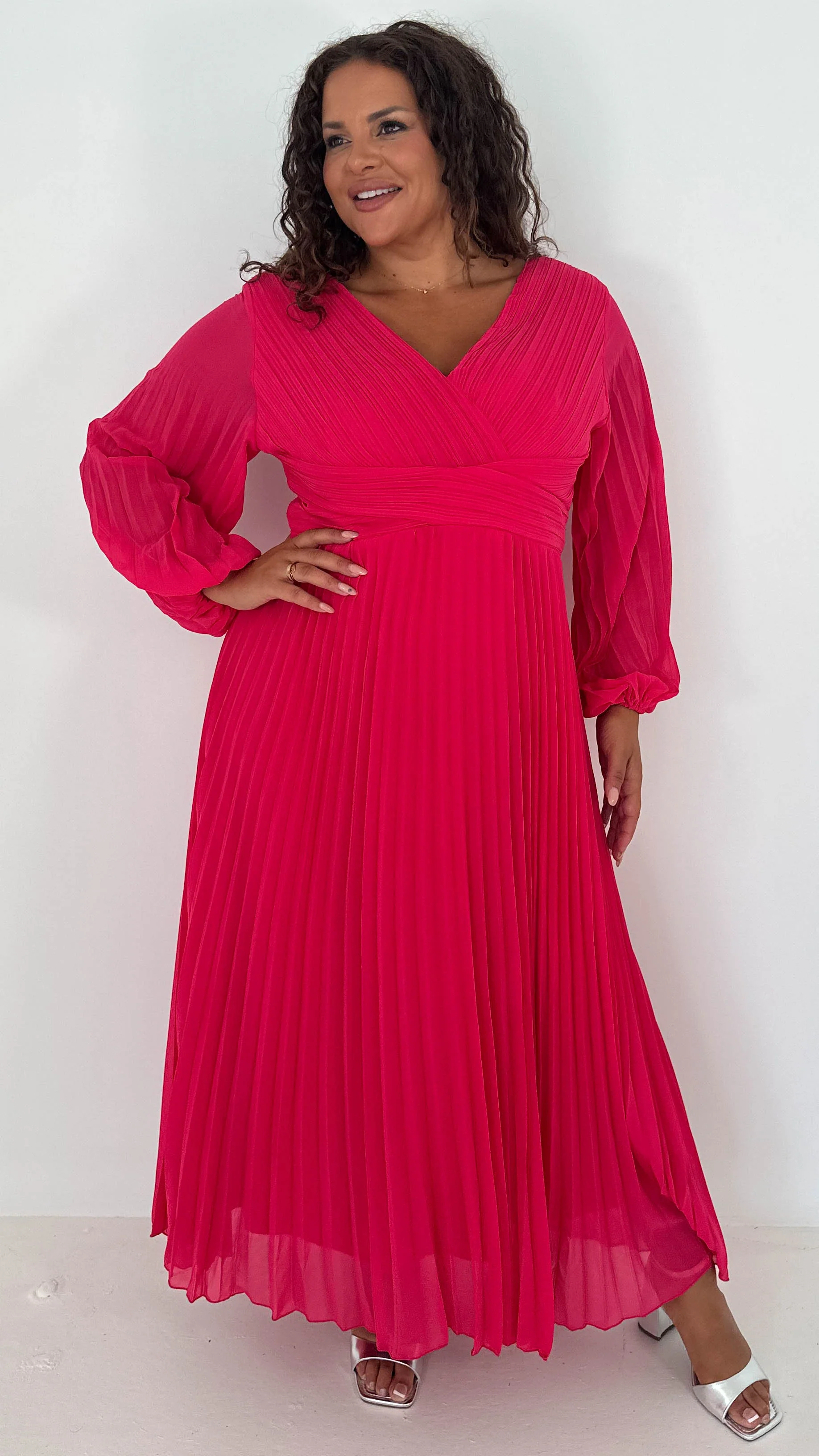 CurveWow Pleated Wrap Maxi Dress Dark Fuchsia - Image 4