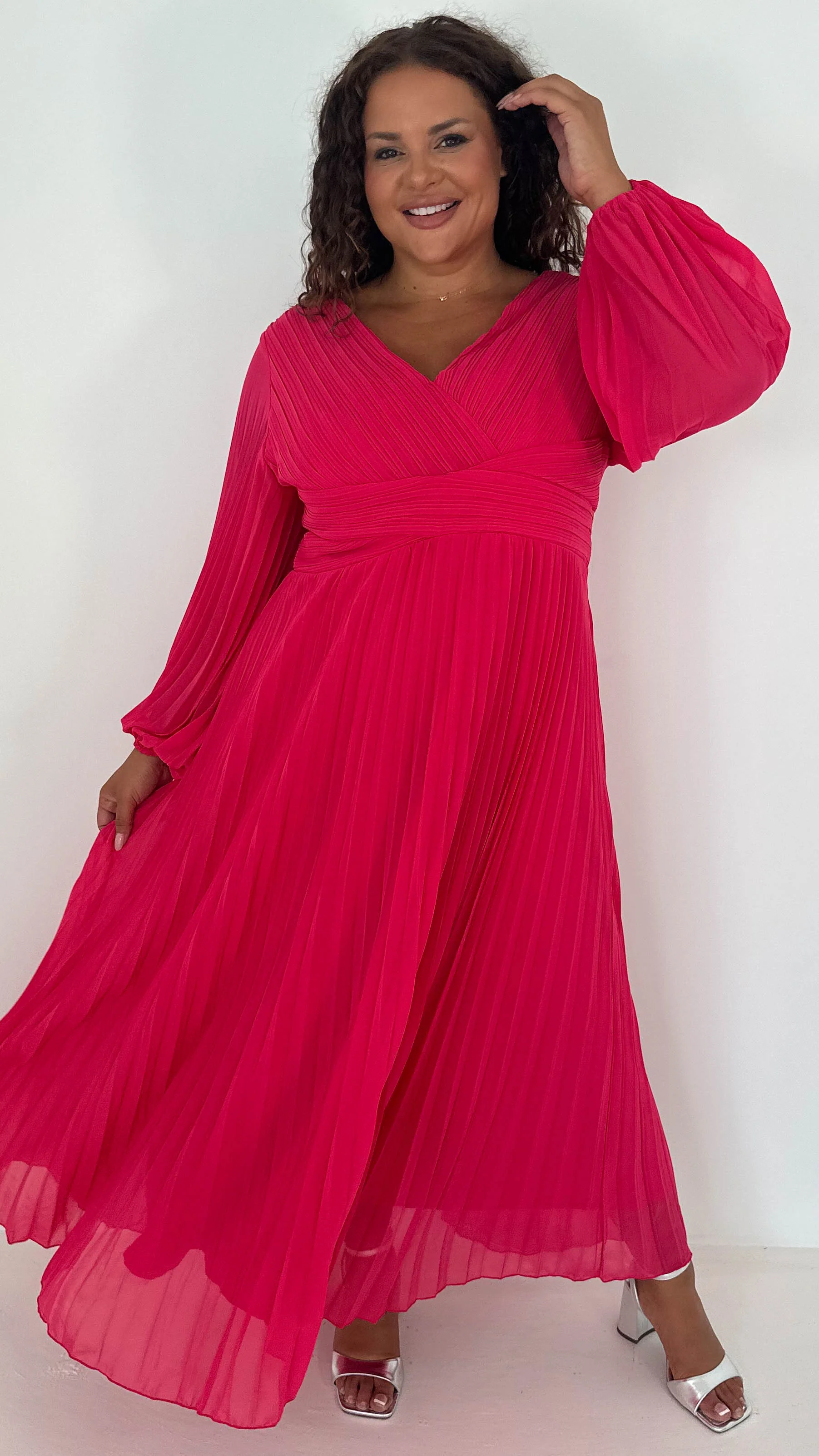 CurveWow Pleated Wrap Maxi Dress Dark Fuchsia - Image 5