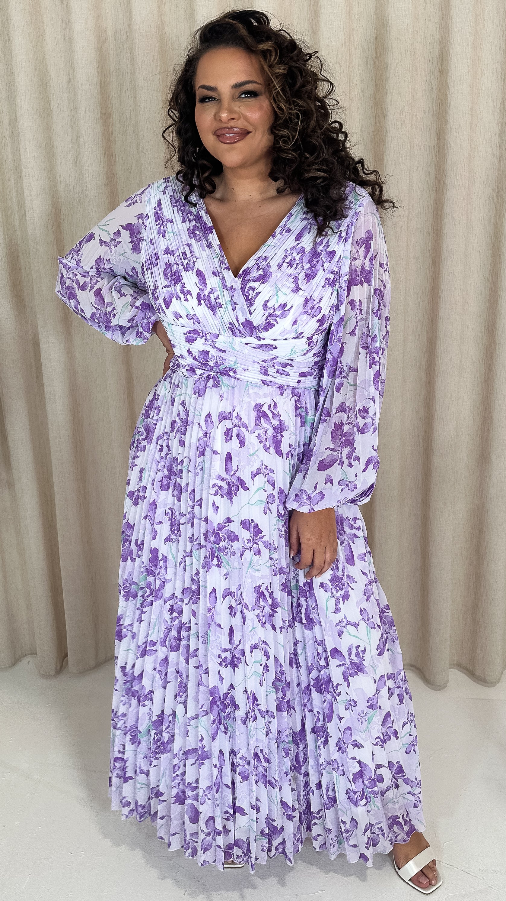 CurveWow Pleated Wrap Maxi Dress Lilac Floral - Image 6