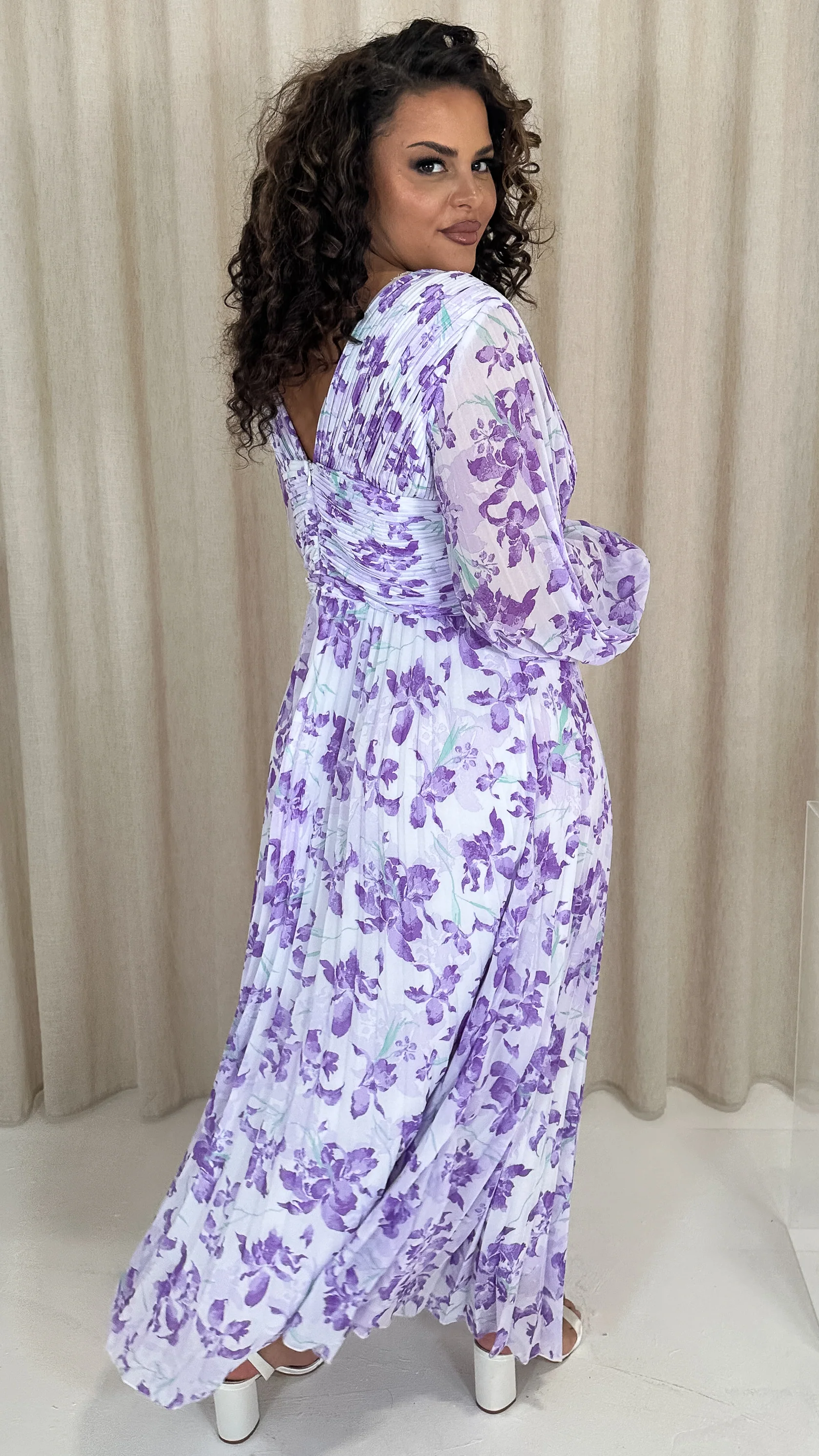 CurveWow Pleated Wrap Maxi Dress Lilac Floral - Image 8