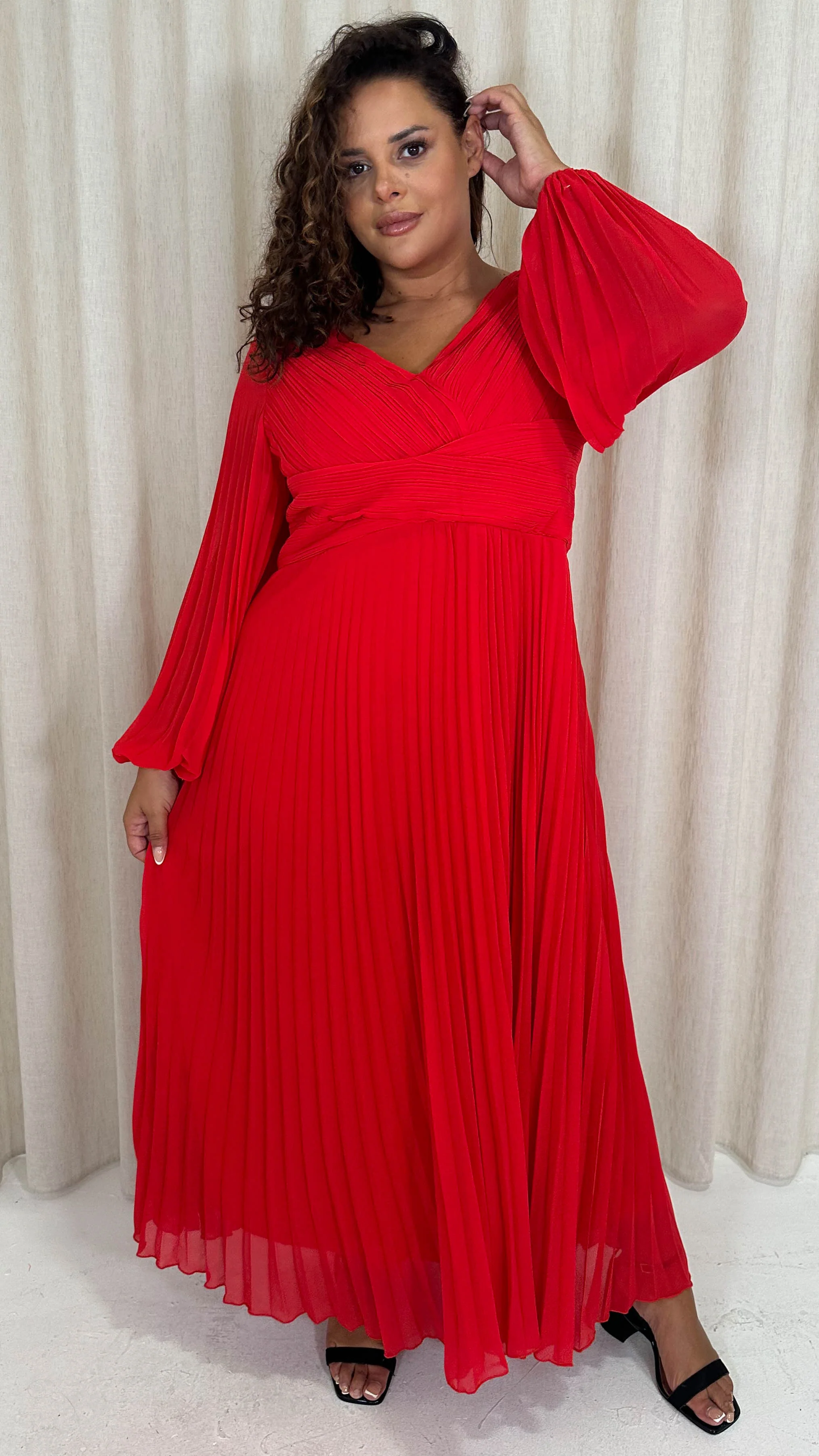 CurveWow Pleated Wrap Maxi Dress Red - Image 3