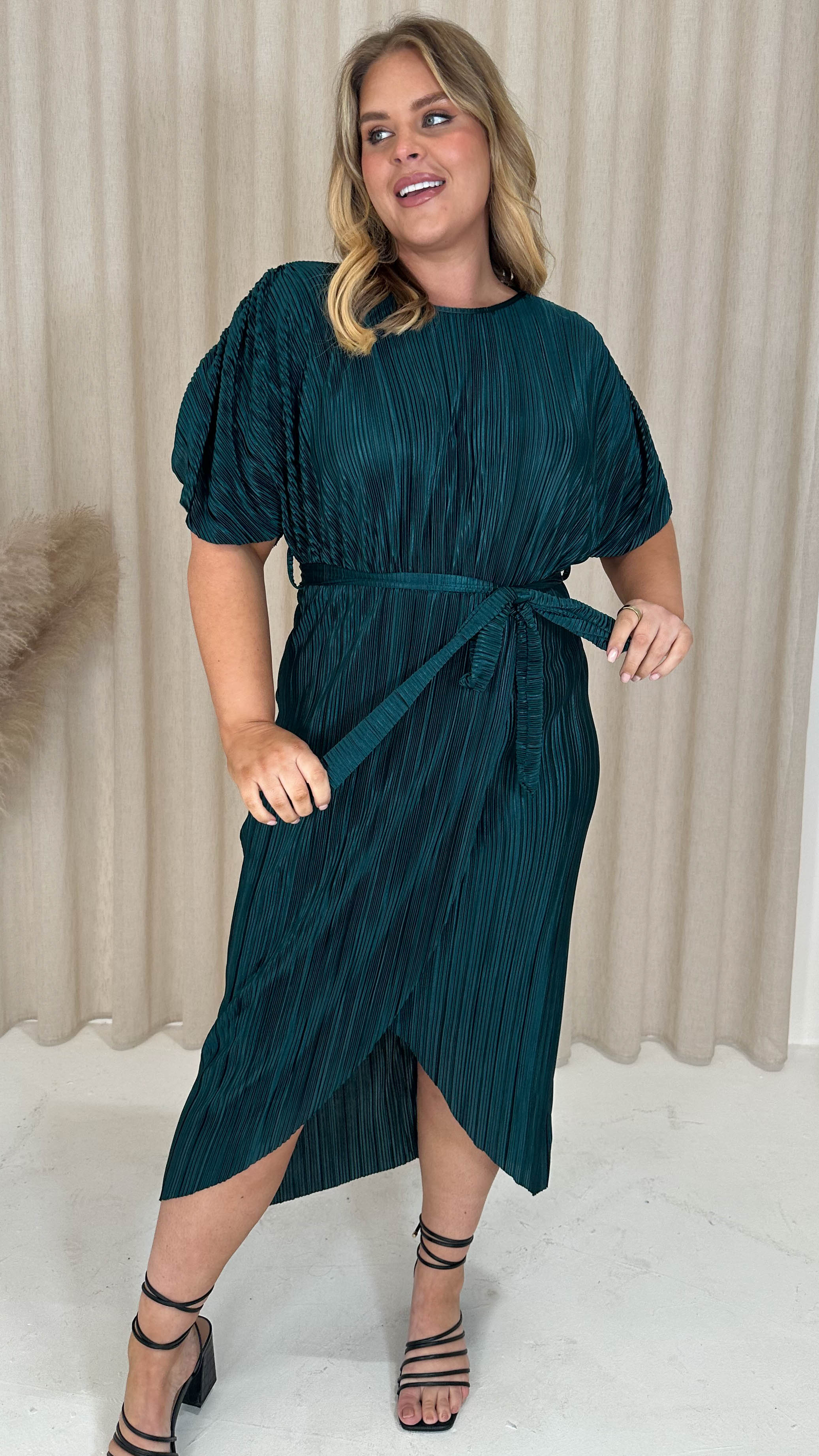 CurveWow Plisse Batwing Wrap Midi Dress Pine Green - Image 2