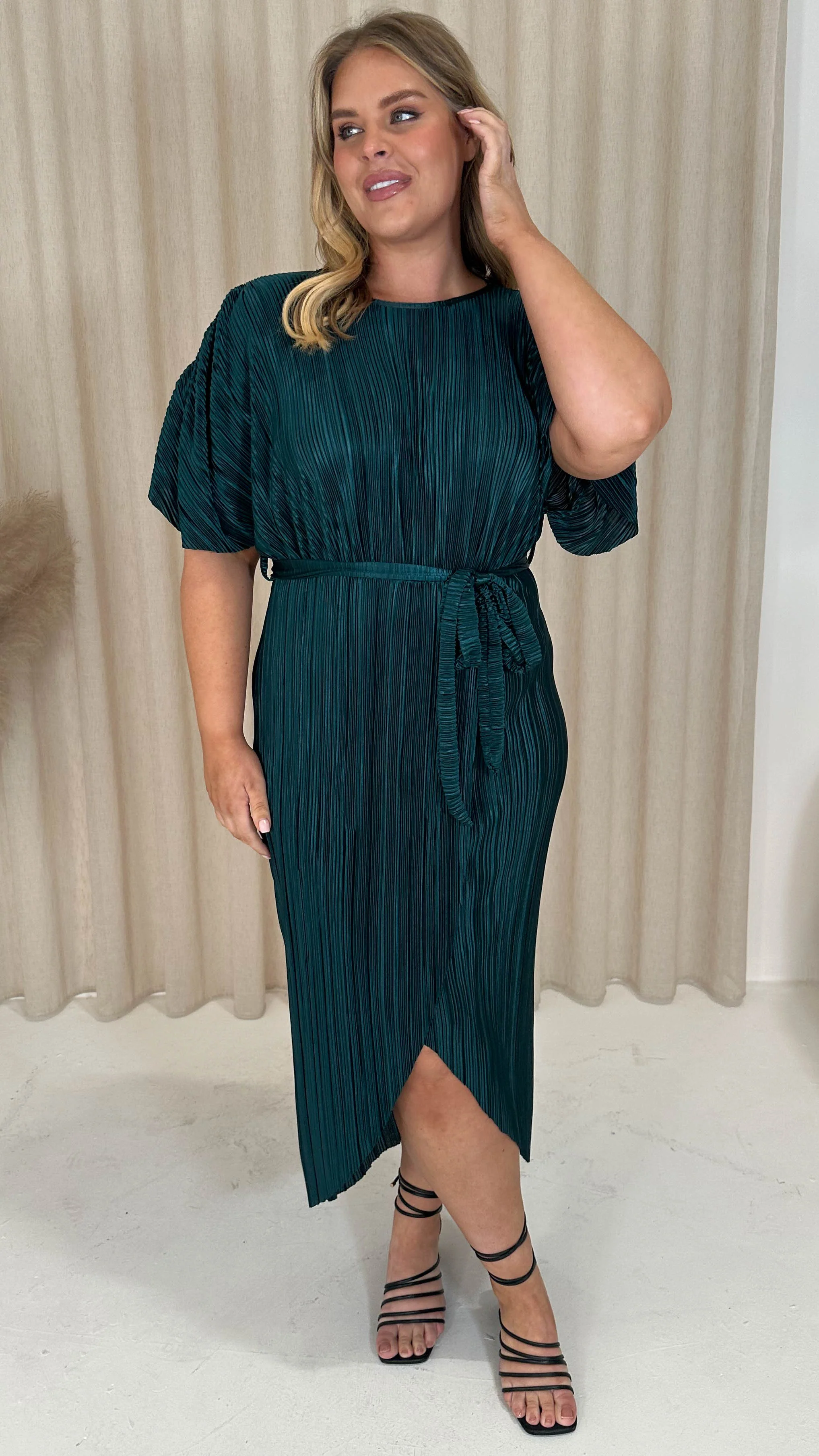 CurveWow Plisse Batwing Wrap Midi Dress Pine Green - Image 6