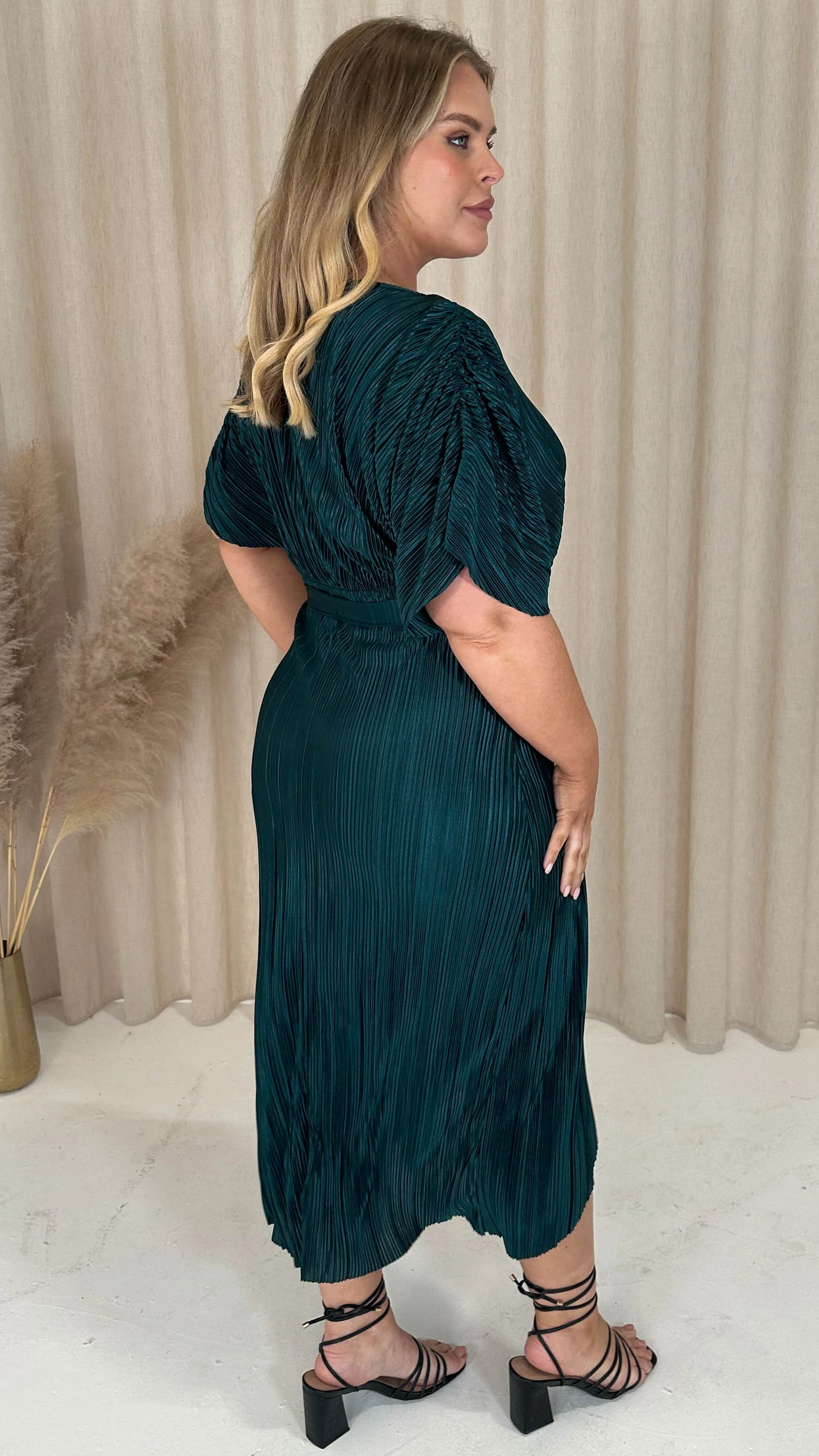CurveWow Plisse Batwing Wrap Midi Dress Pine Green - Image 8