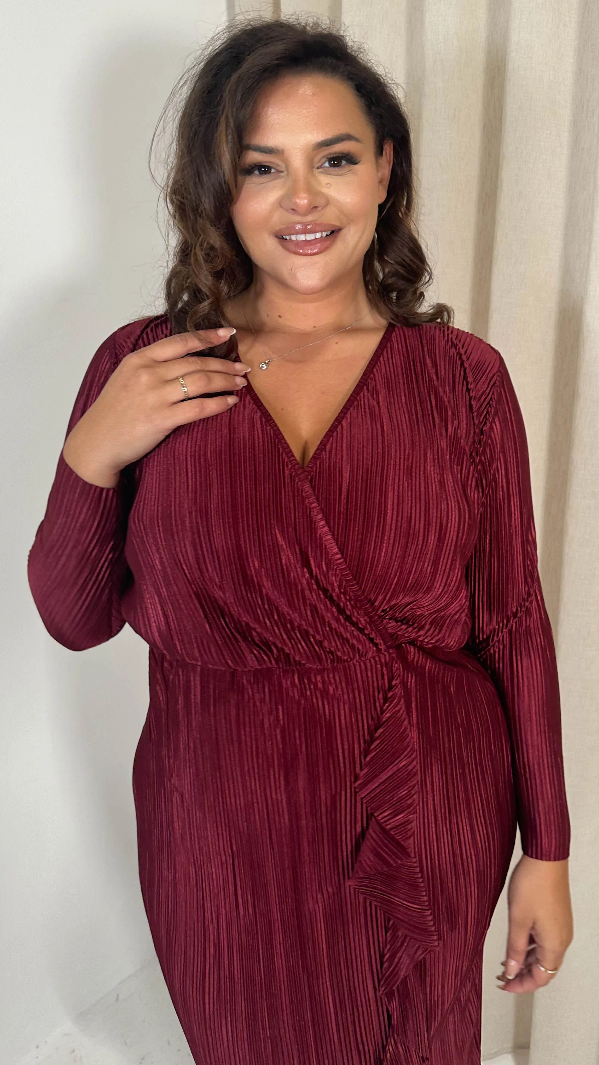 CurveWow Plisse Wrap Ruffle Maxi Dress Wine - Image 2