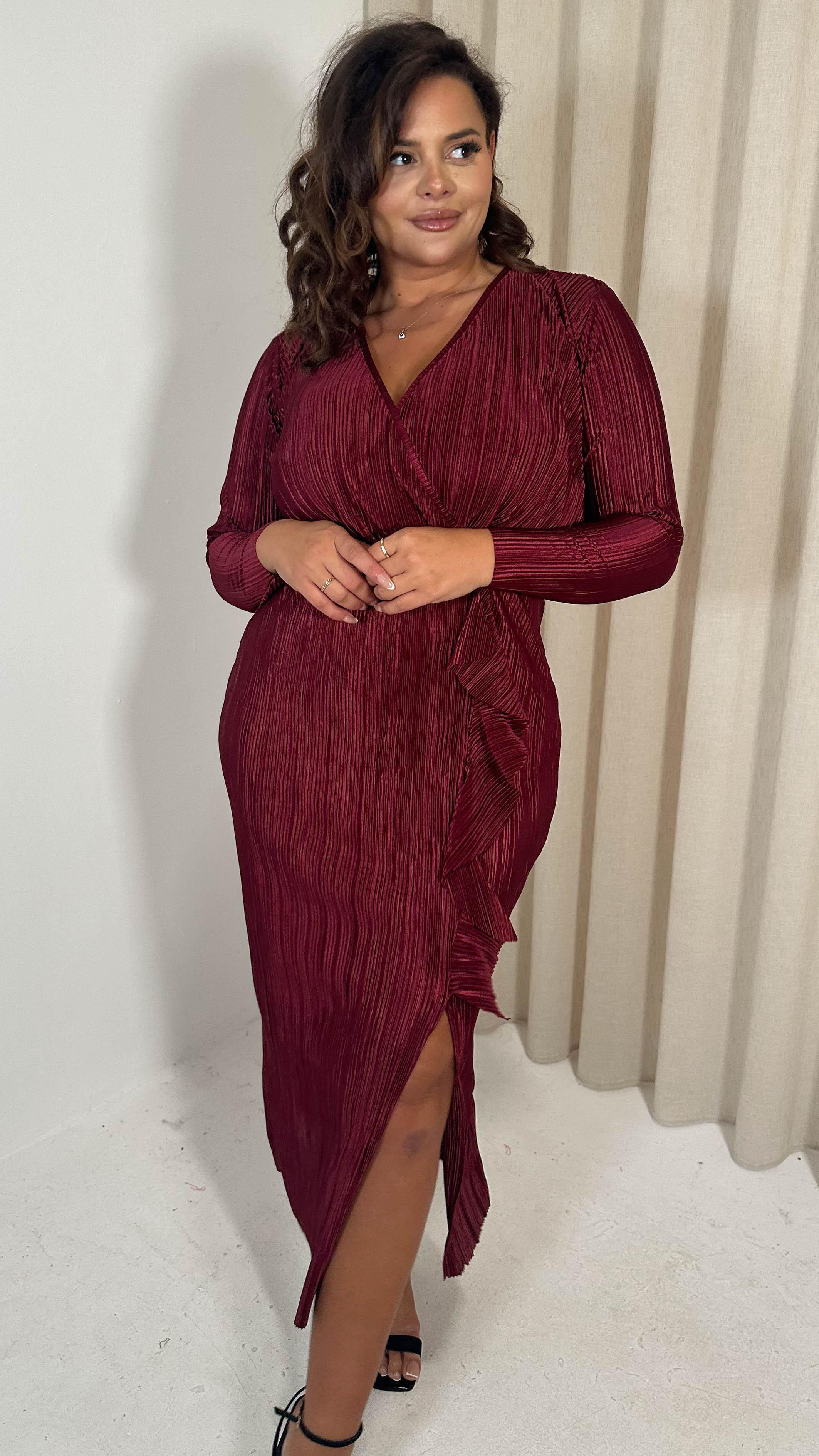 CurveWow Plisse Wrap Ruffle Maxi Dress Wine - Image 4