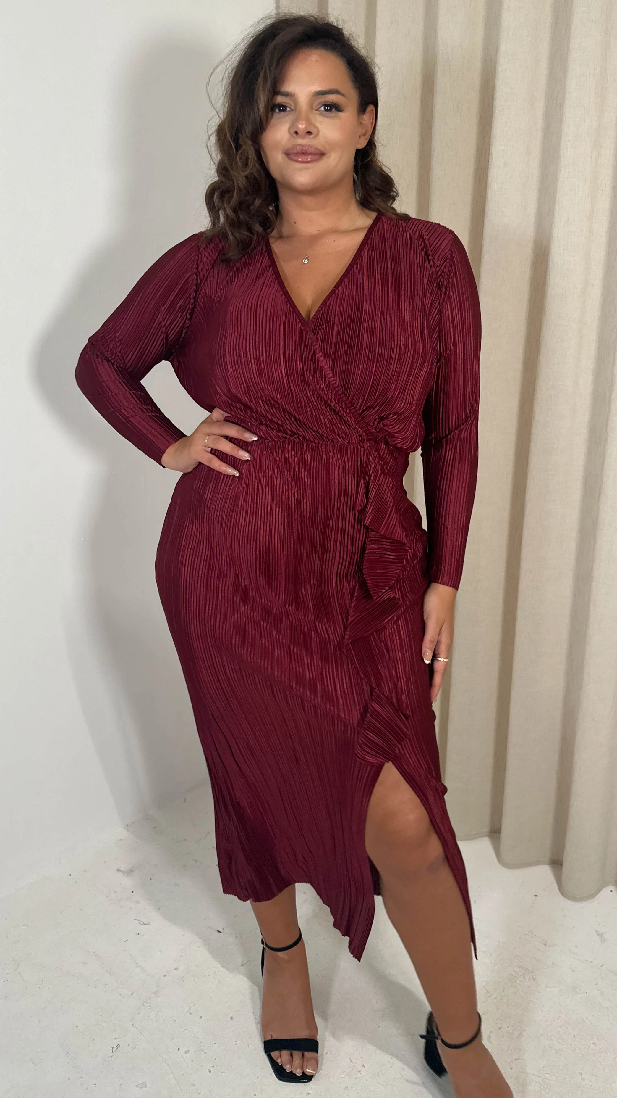 CurveWow Plisse Wrap Ruffle Maxi Dress Wine - Image 5