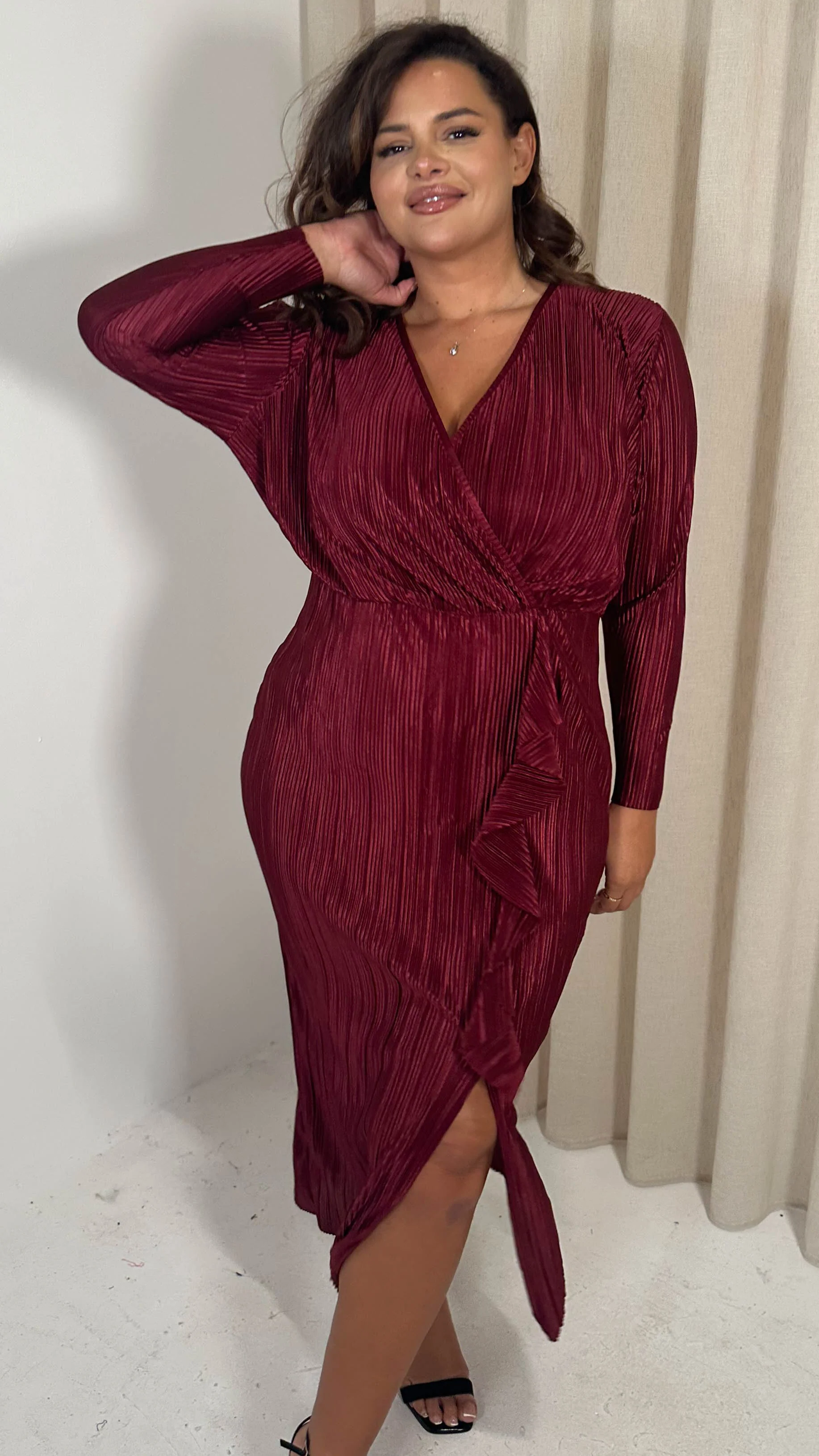 CurveWow Plisse Wrap Ruffle Maxi Dress Wine - Image 6