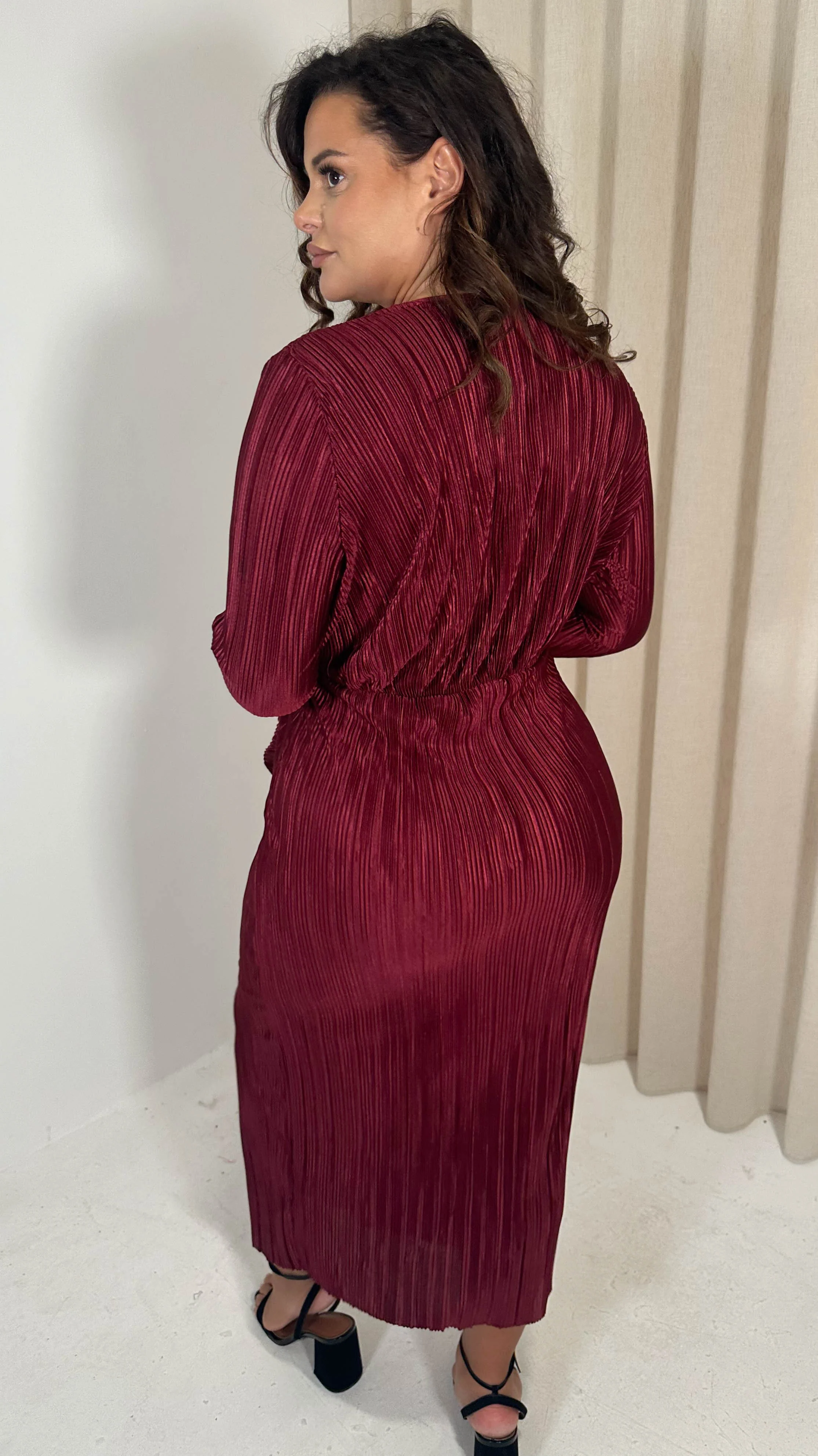CurveWow Plisse Wrap Ruffle Maxi Dress Wine - Image 7