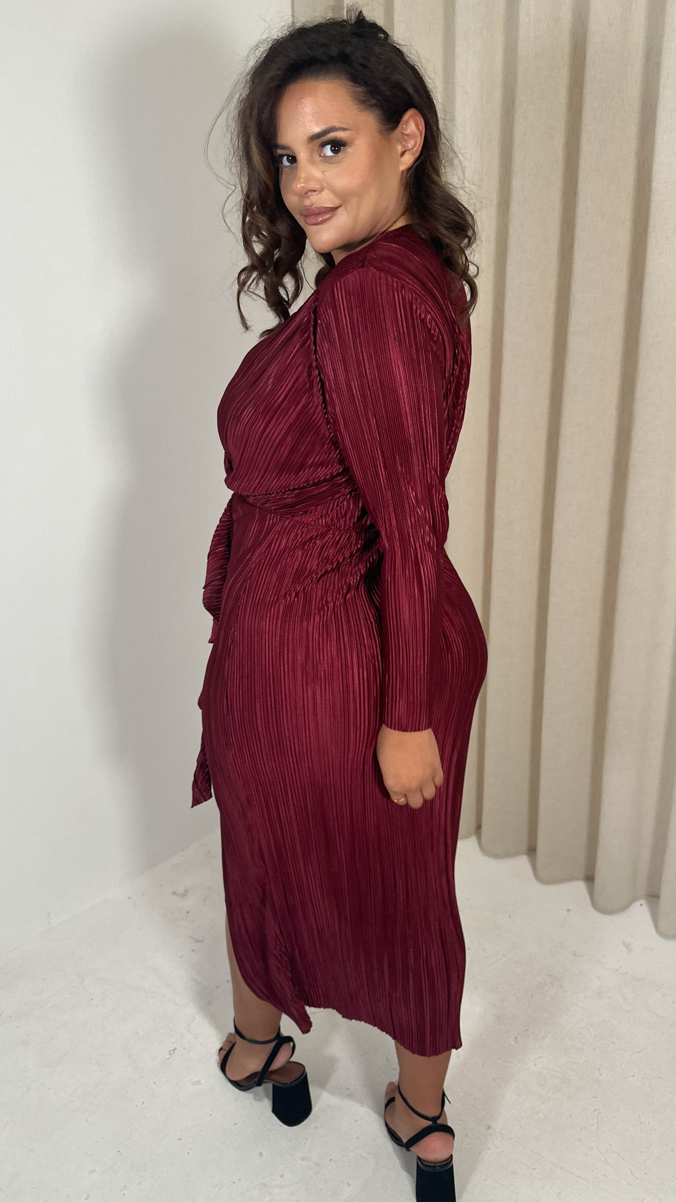 CurveWow Plisse Wrap Ruffle Maxi Dress Wine - Image 8