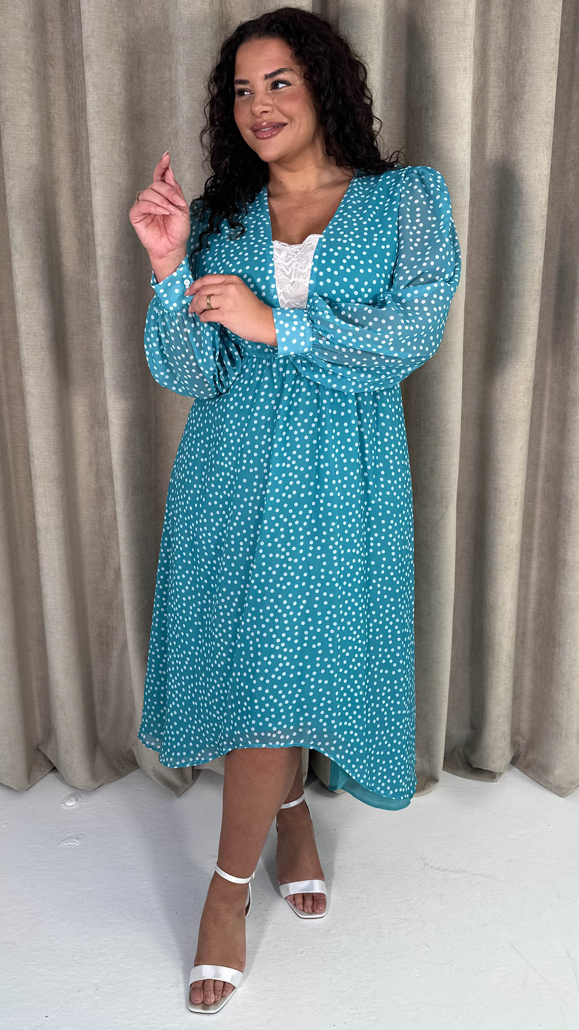 CurveWow Plunge Front Maxi Dress Blue Polka Dot - Image 3