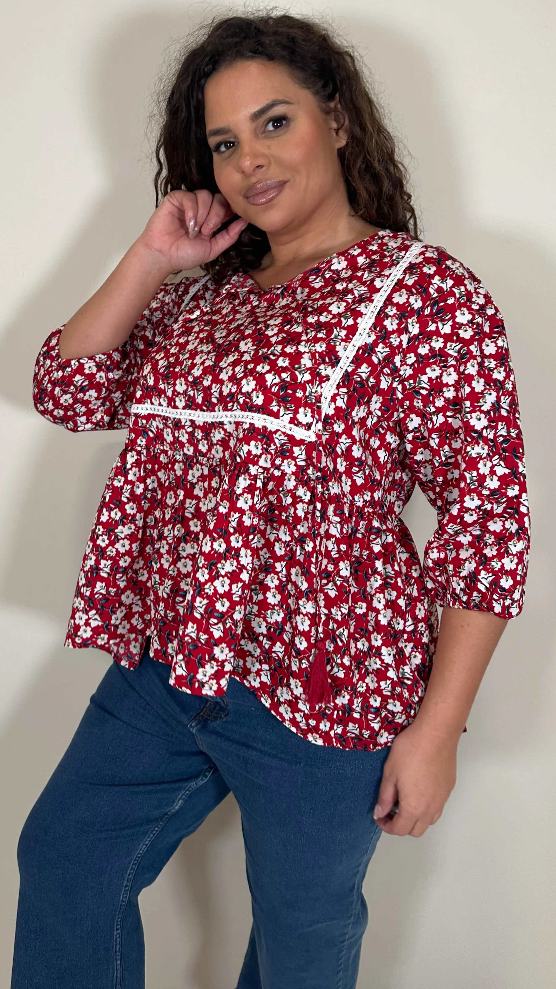 CurveWow Print Lace Insert Blouse Red Ditsy - Image 5