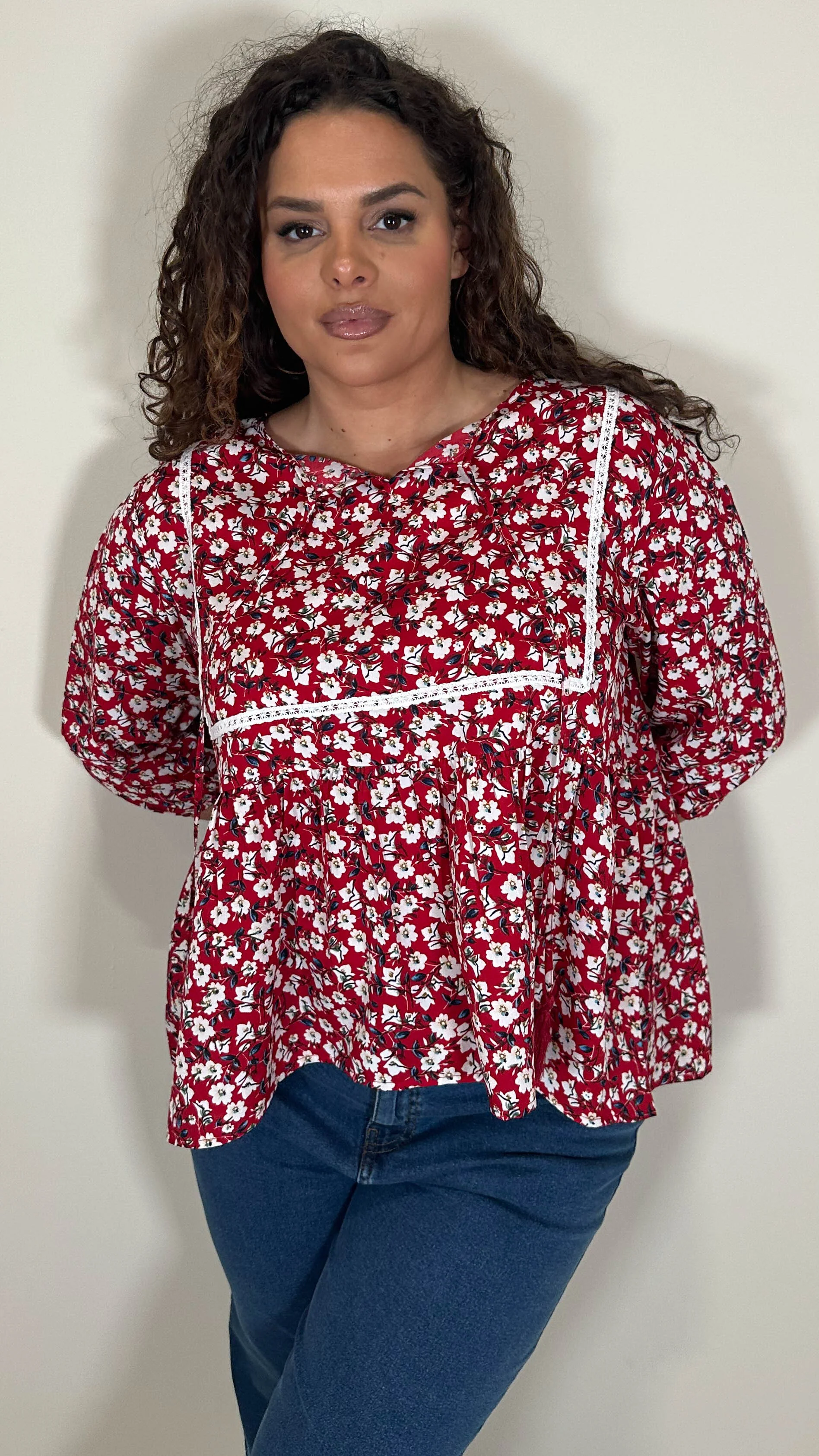 CurveWow Print Lace Insert Blouse Red Ditsy - Image 6