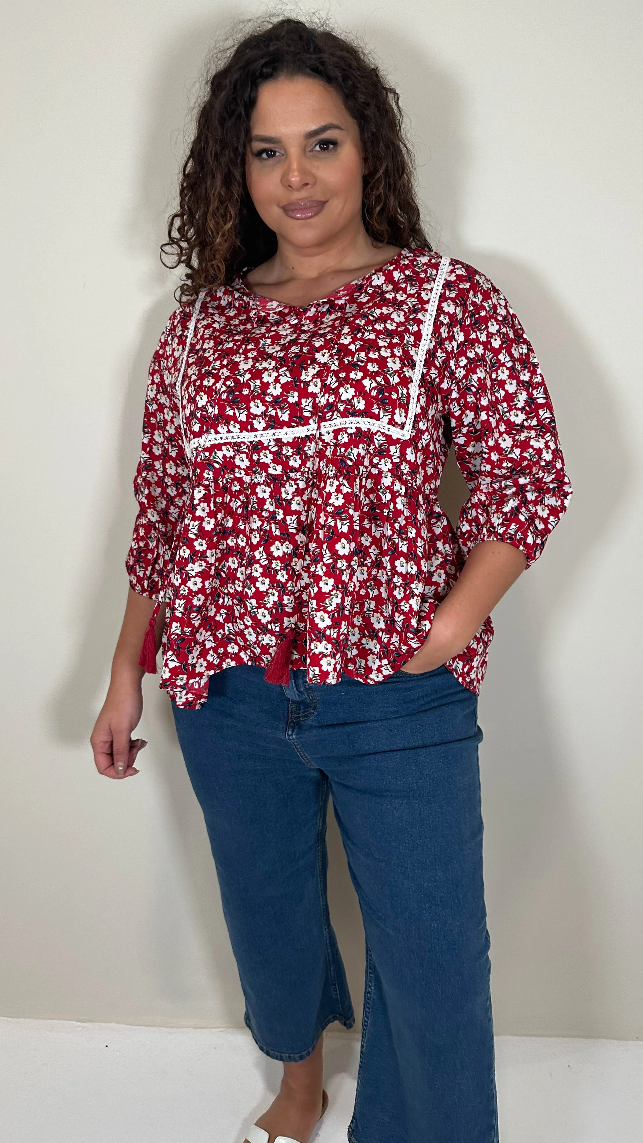 CurveWow Print Lace Insert Blouse Red Ditsy - Image 7