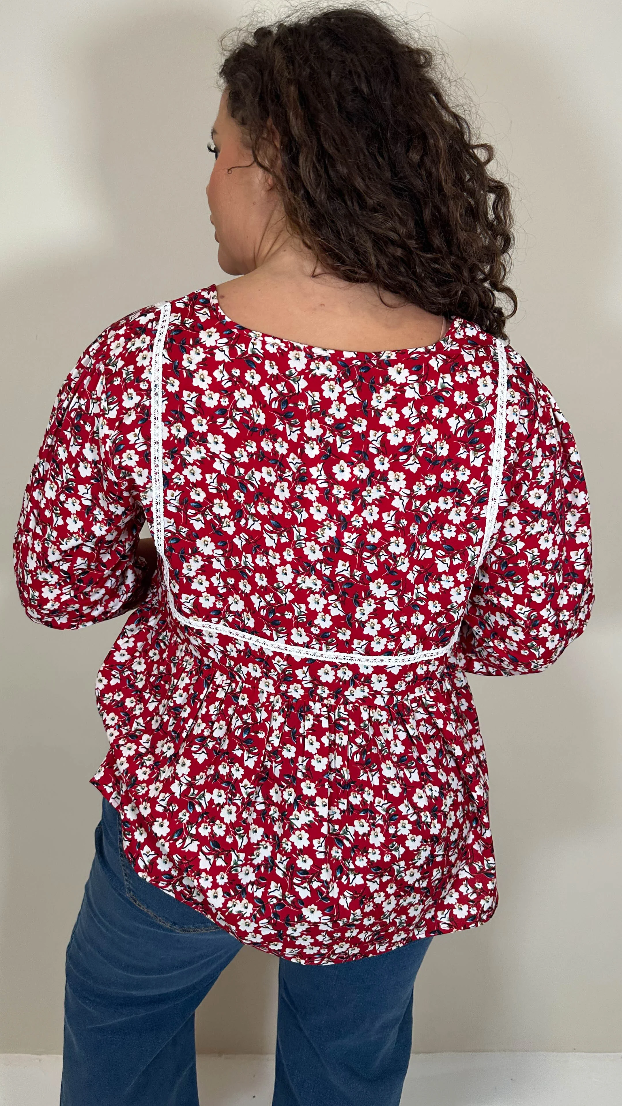 CurveWow Print Lace Insert Blouse Red Ditsy - Image 8