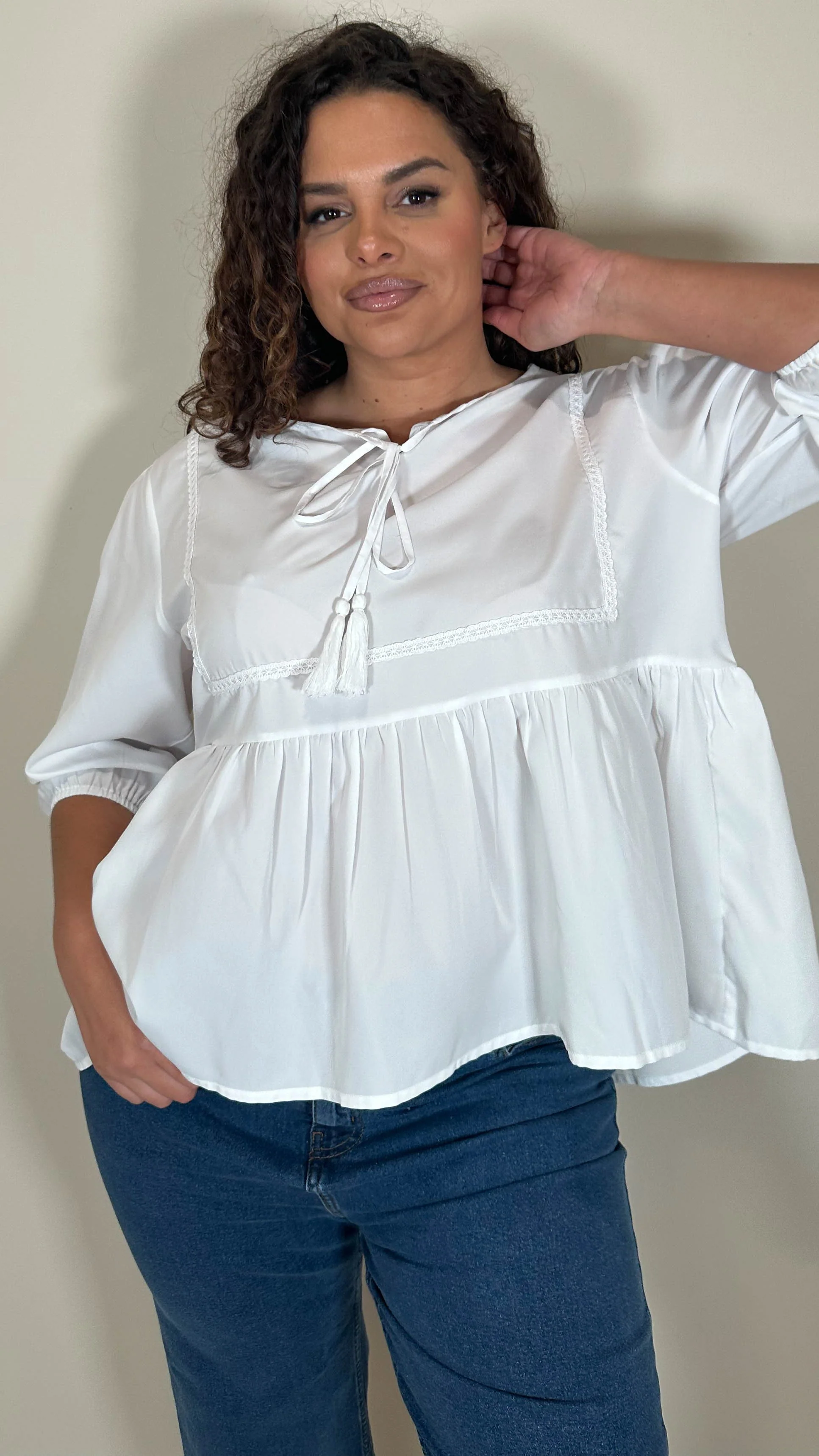 CurveWow Print Lace Insert Blouse White - Image 2