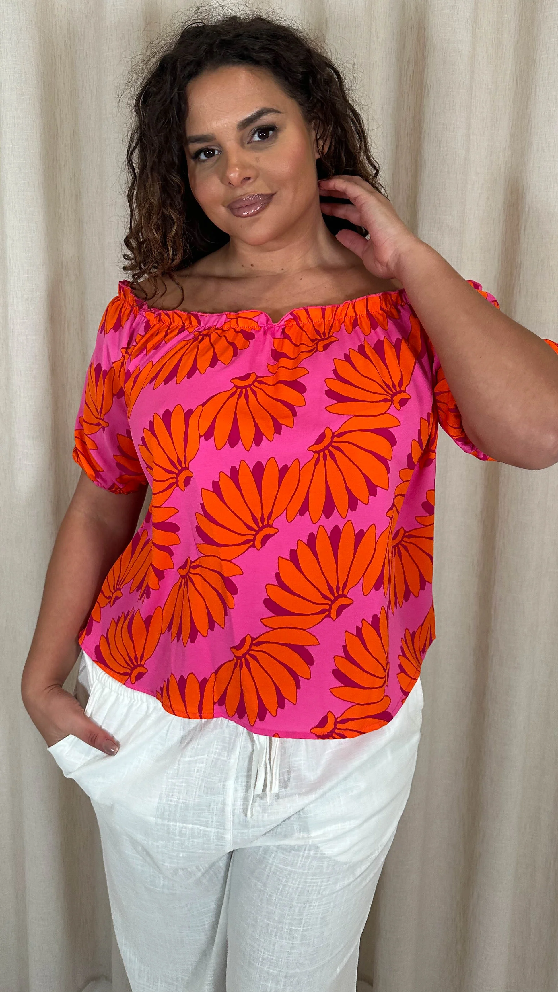 CurveWow Printed Bardot Top Orange Banana Print - Image 2