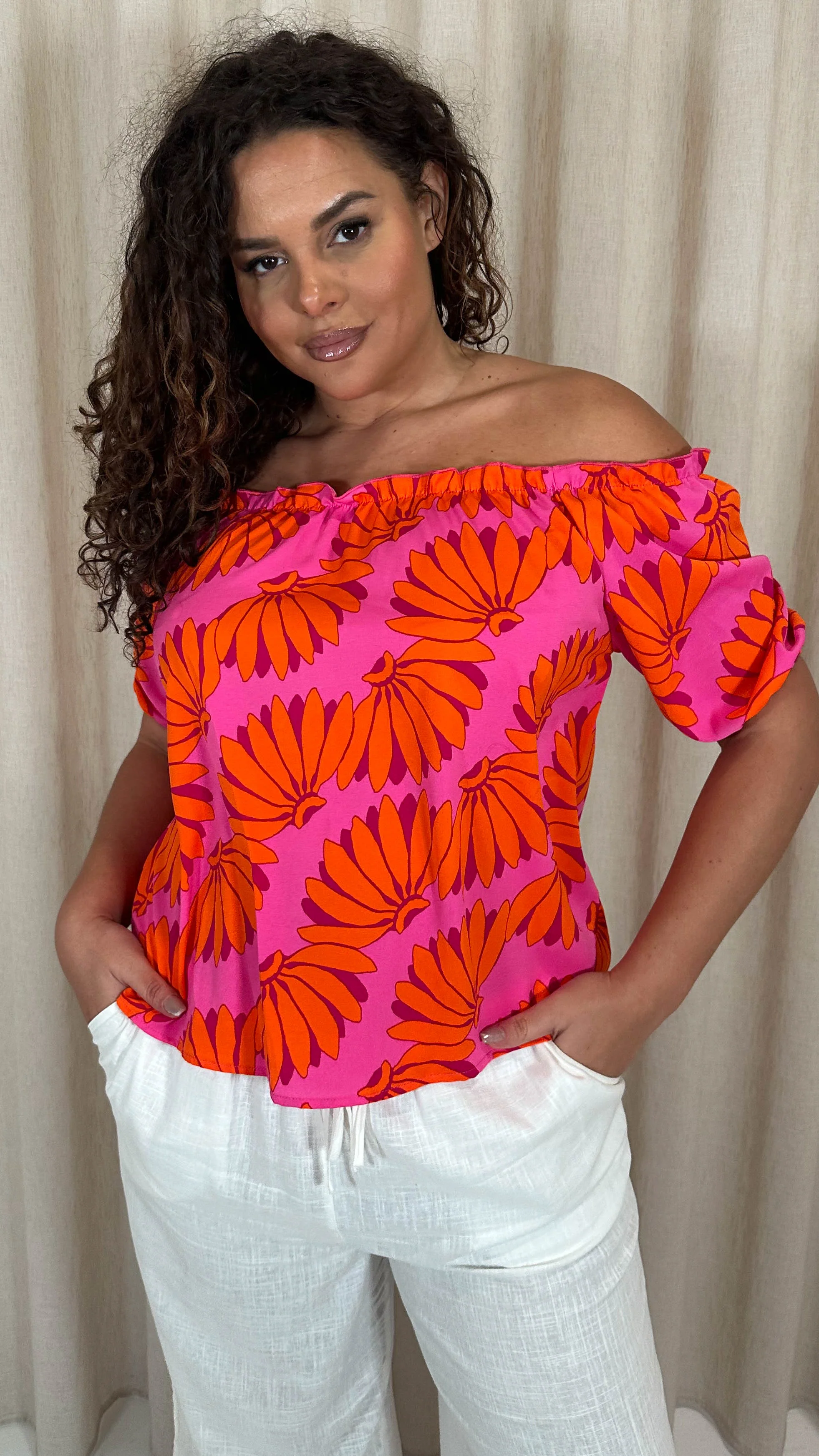 CurveWow Printed Bardot Top Orange Banana Print - Image 3