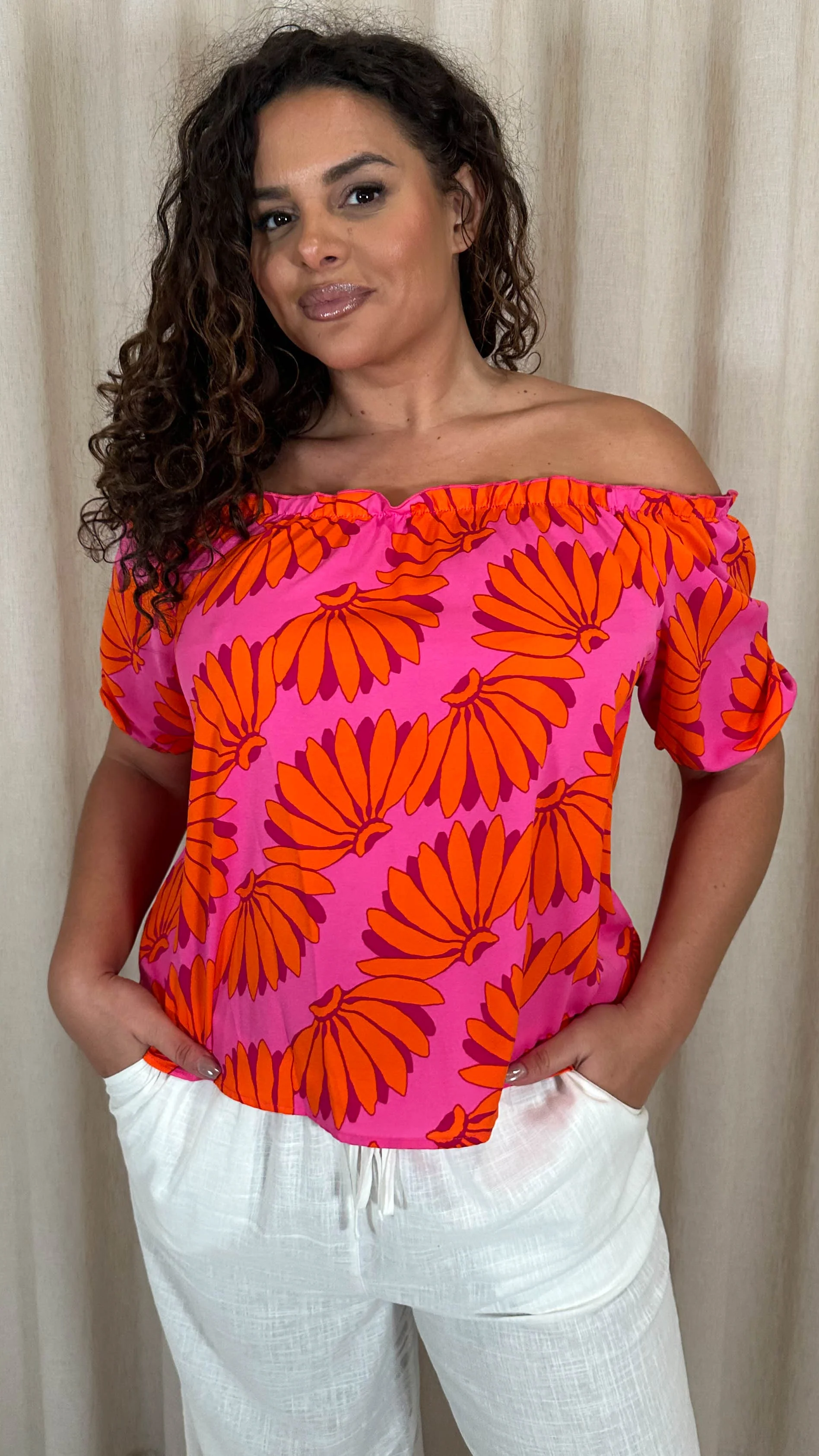 CurveWow Printed Bardot Top Orange Banana Print - Image 4