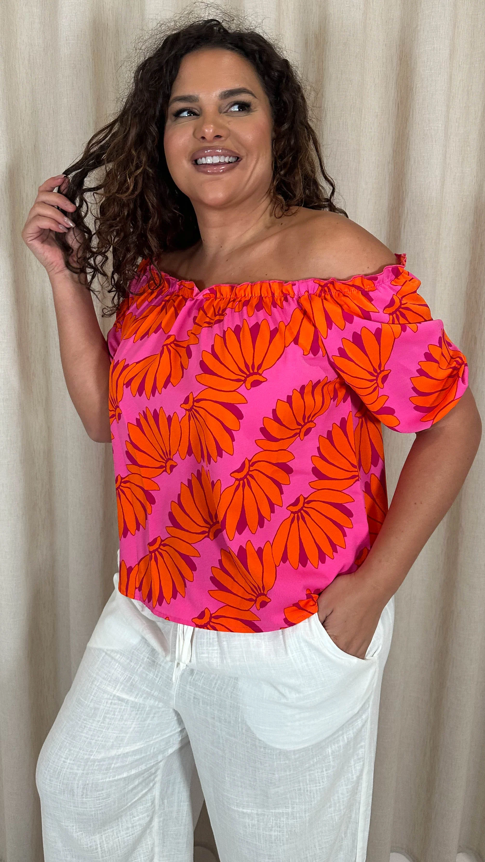 CurveWow Printed Bardot Top Orange Banana Print - Image 6