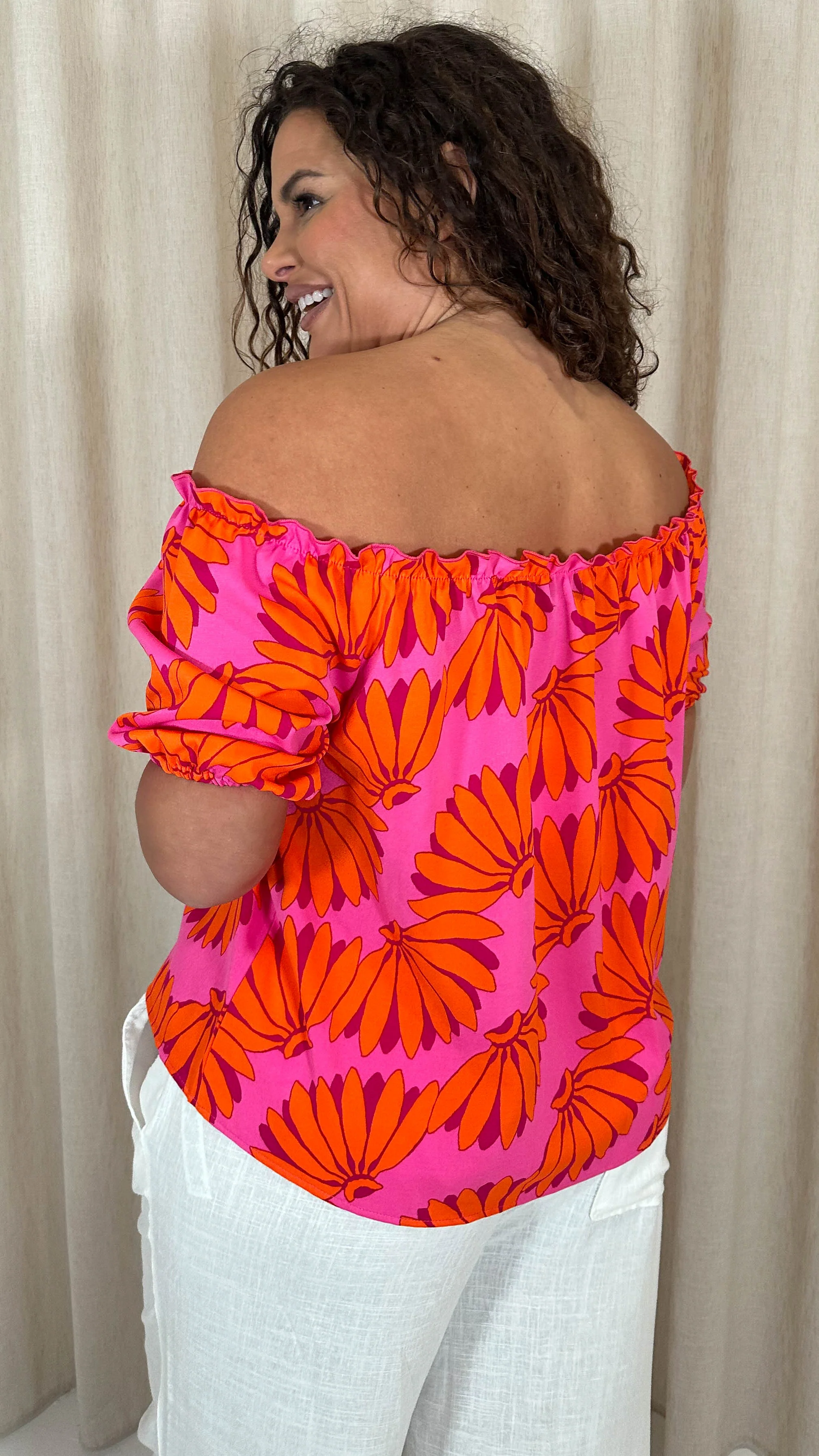 CurveWow Printed Bardot Top Orange Banana Print - Image 7
