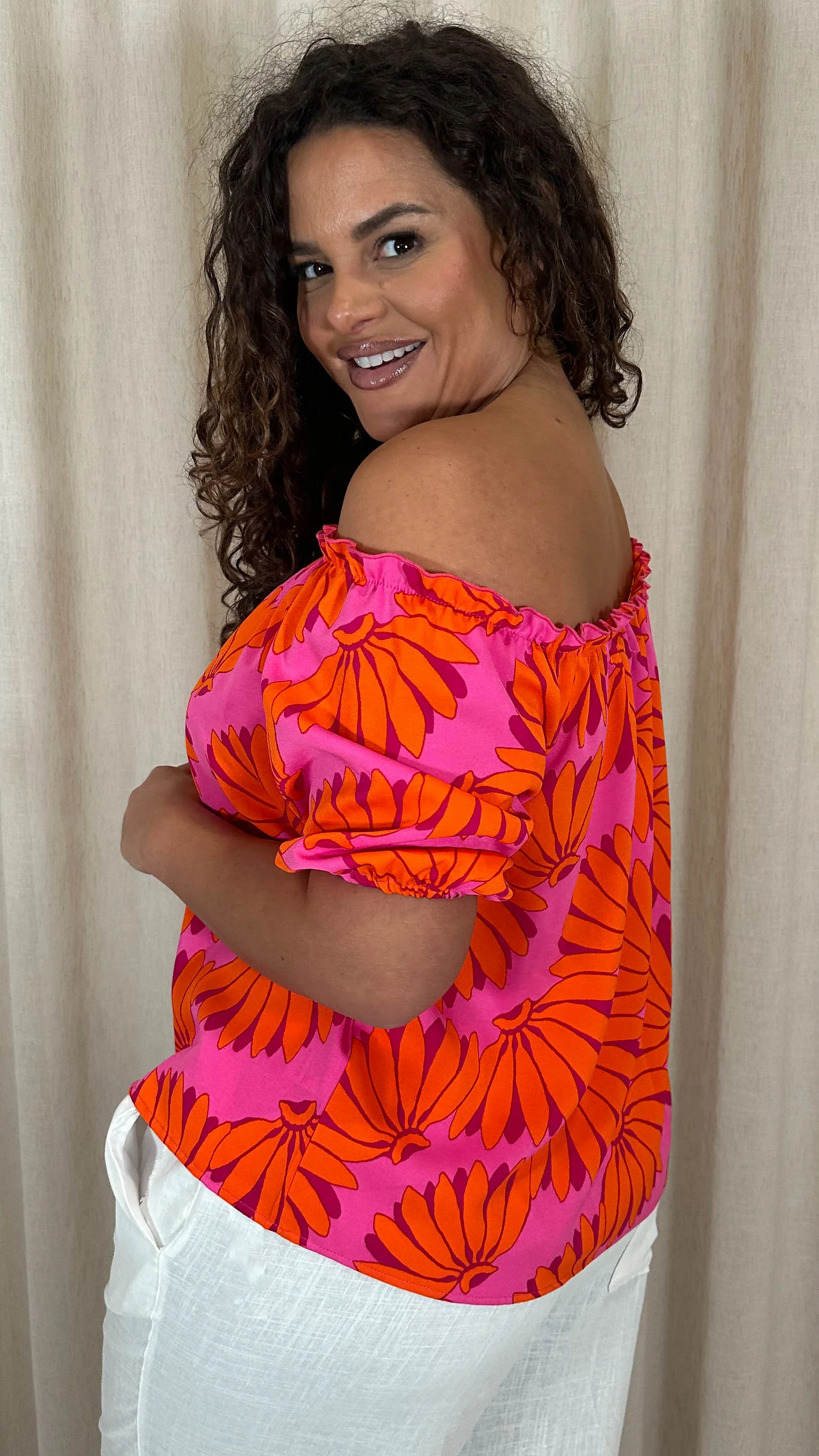 CurveWow Printed Bardot Top Orange Banana Print - Image 8