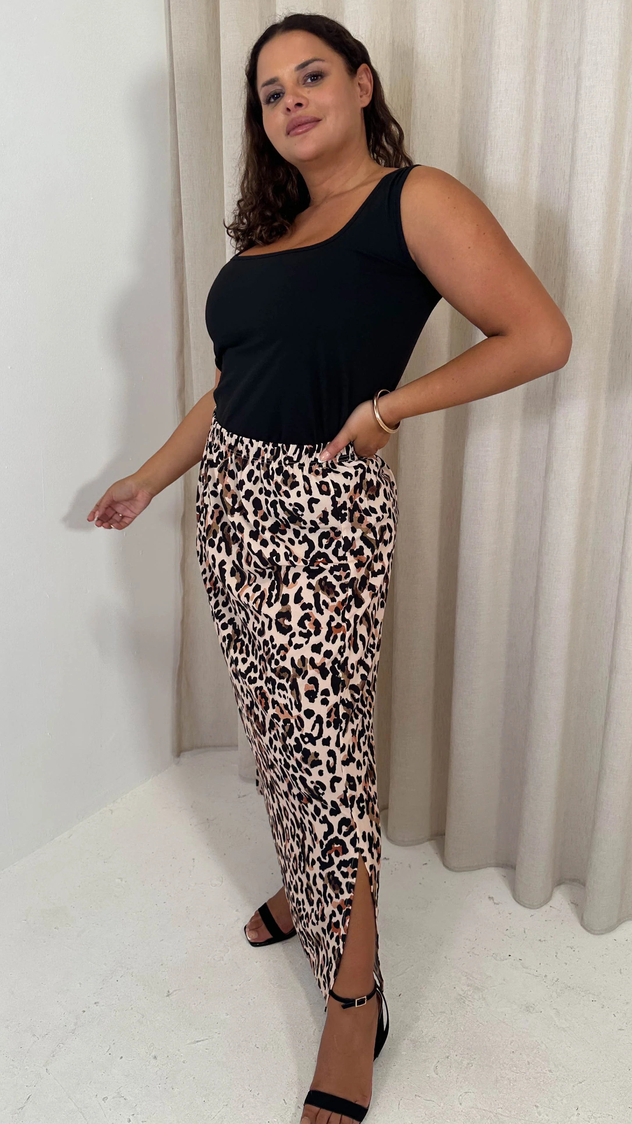 CurveWow Bubble Crepe Split Side Midaxi Skirt Leopard - Image 4