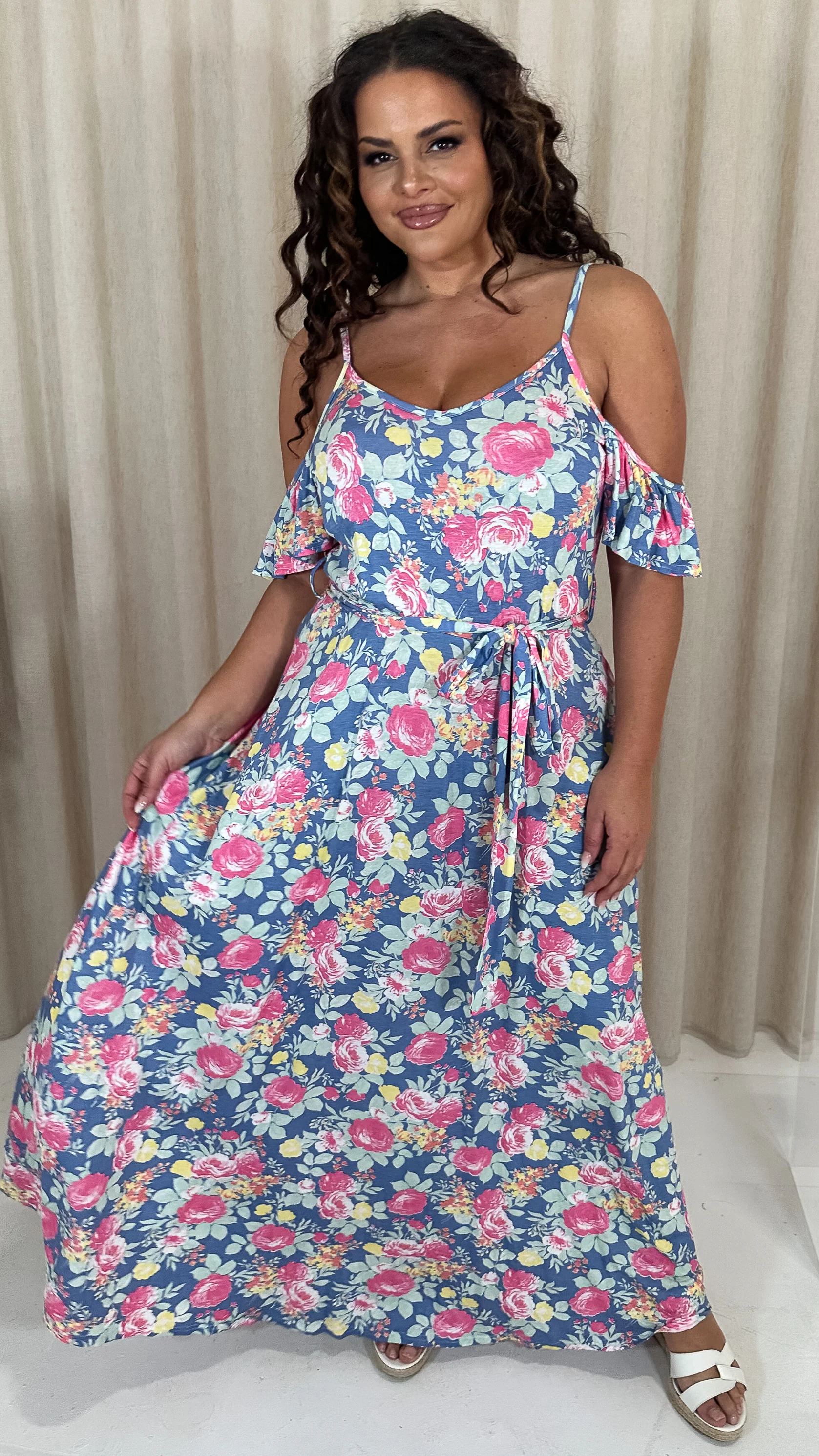 CurveWow Printed Cold Shoulder Maxi Dress Blue Multi Floral