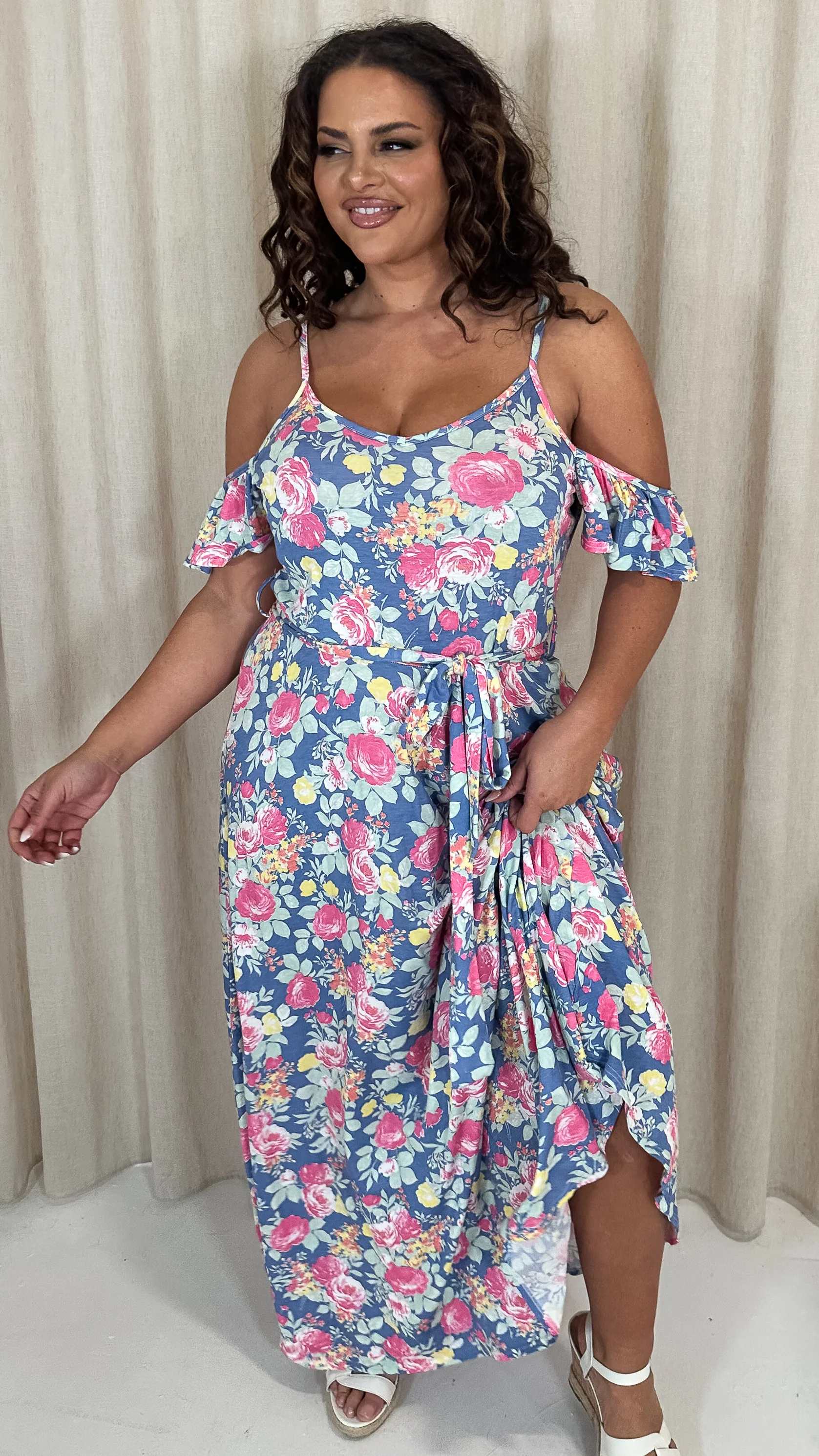 CurveWow Printed Cold Shoulder Maxi Dress Blue Multi Floral - Image 7