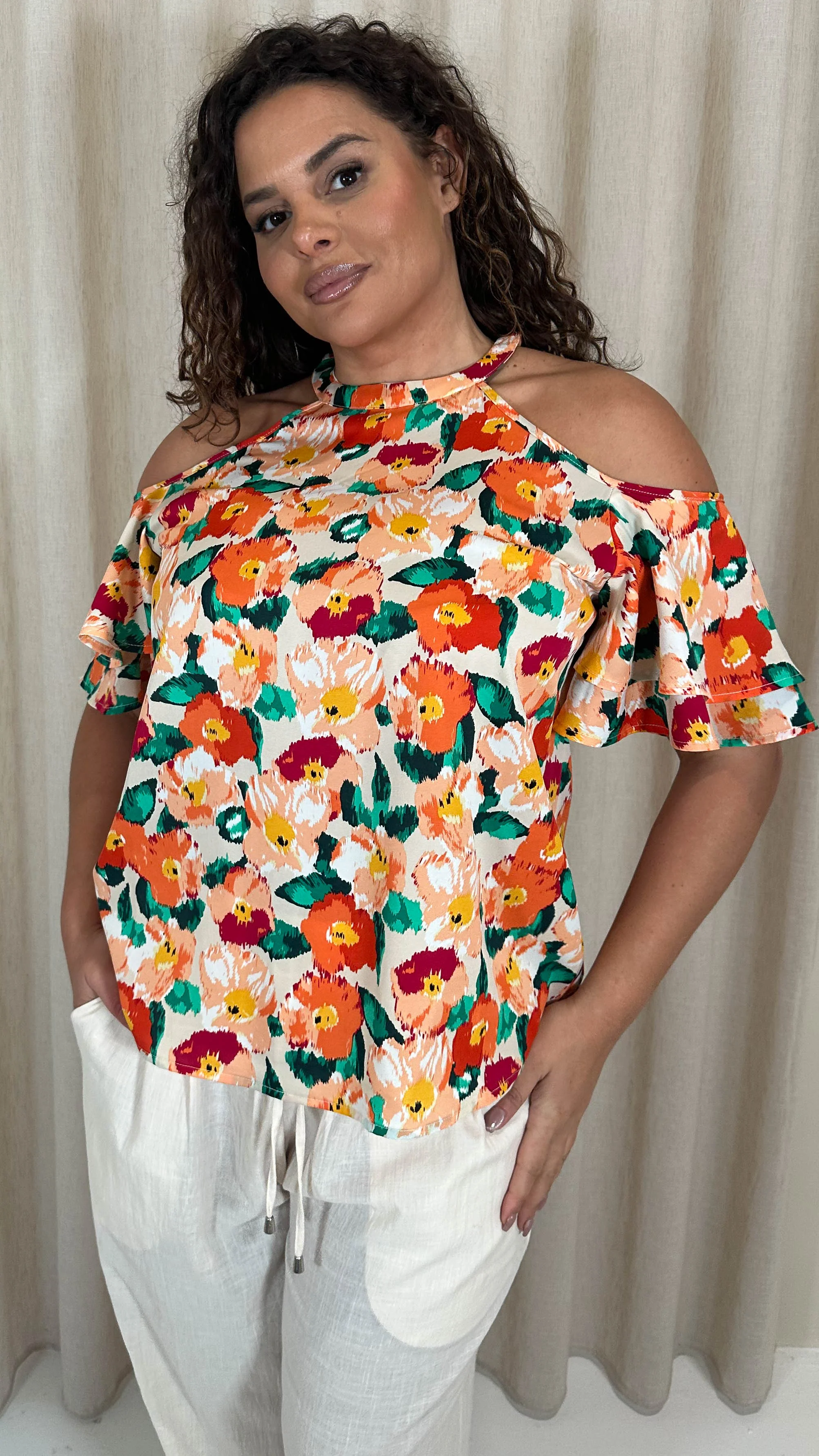 CurveWow Printed Cold Shoulder Top Floral - Image 2