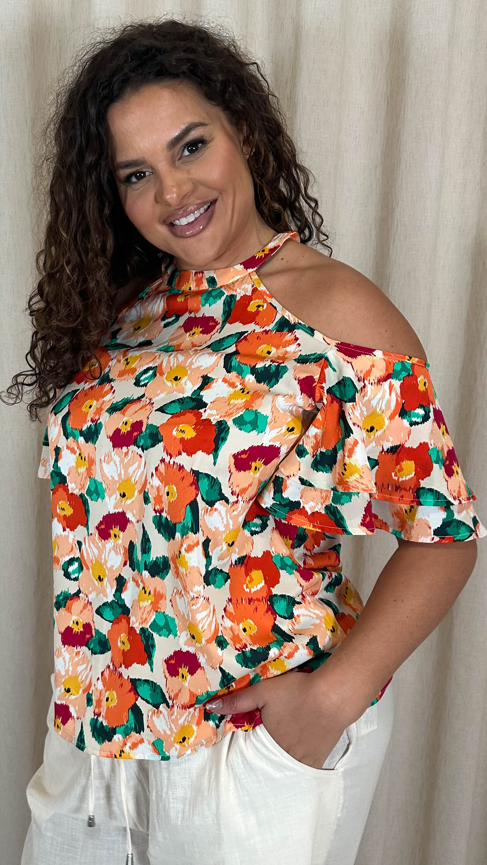 CurveWow Printed Cold Shoulder Top Floral - Image 6