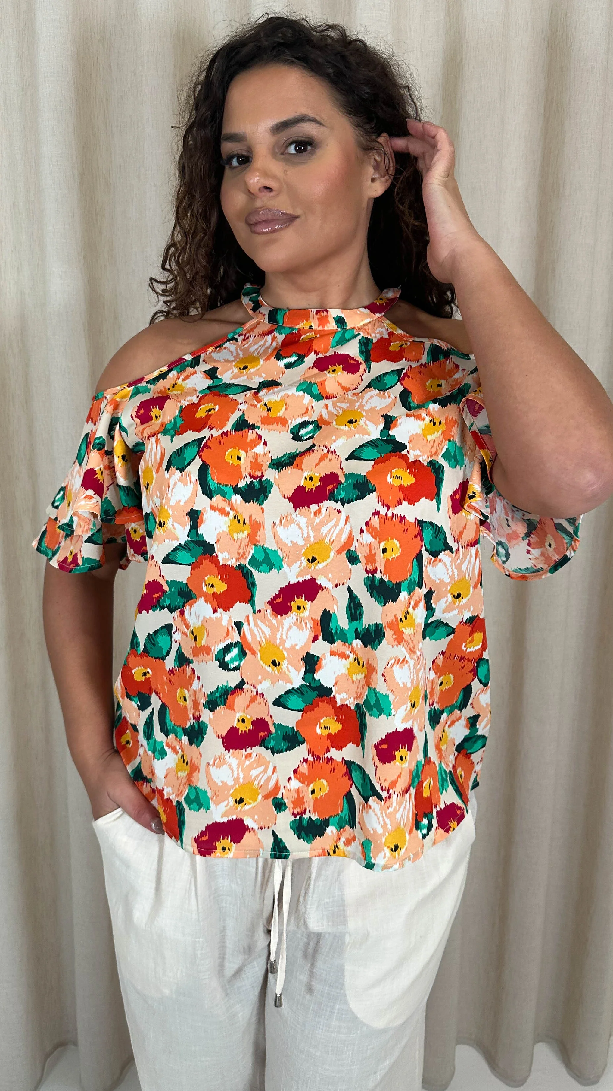 CurveWow Printed Cold Shoulder Top Floral - Image 7