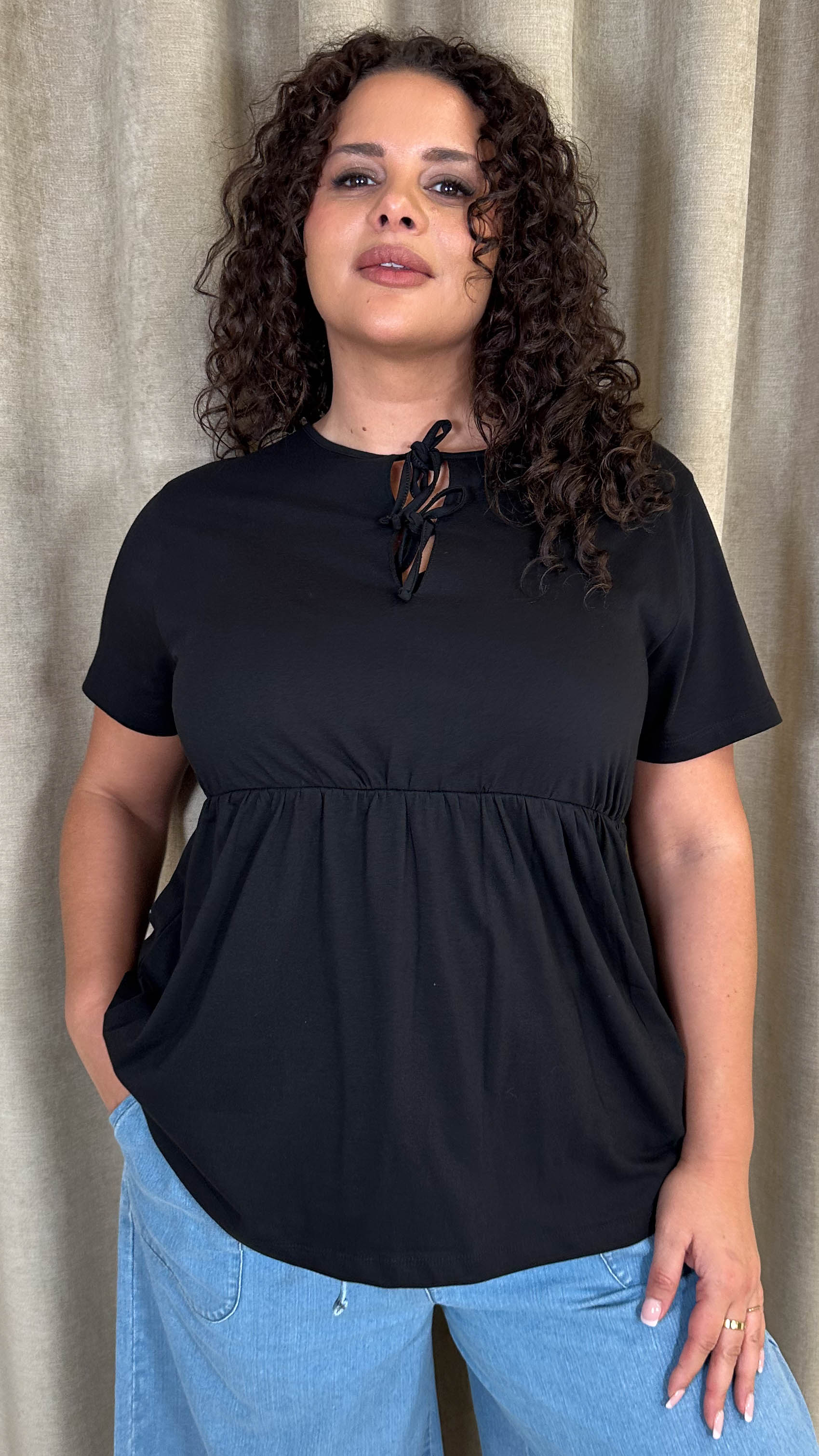 CurveWow Cotton Tie Front Peplum Top Black - Image 4
