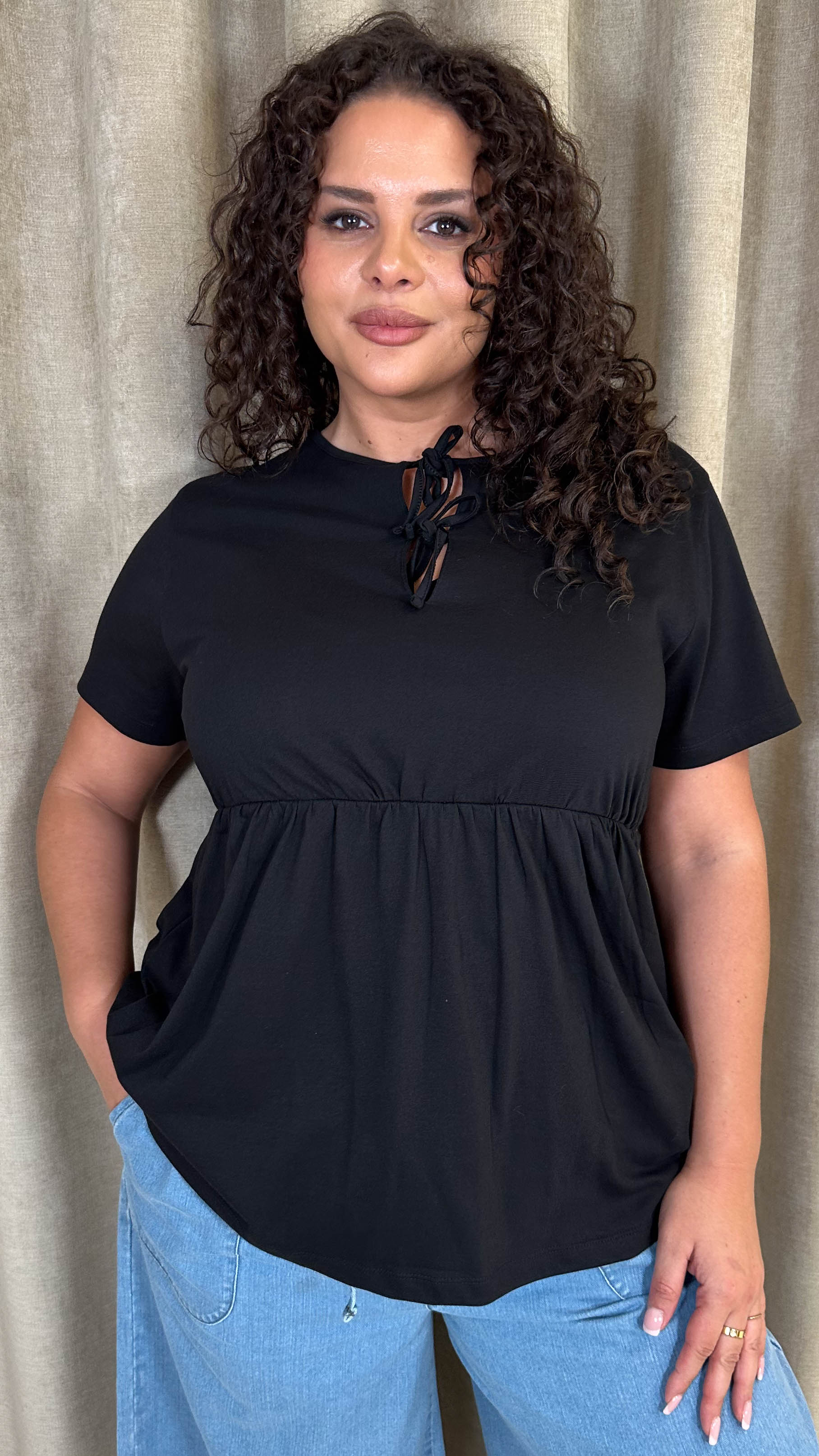 CurveWow Cotton Tie Front Peplum Top Black - Image 5