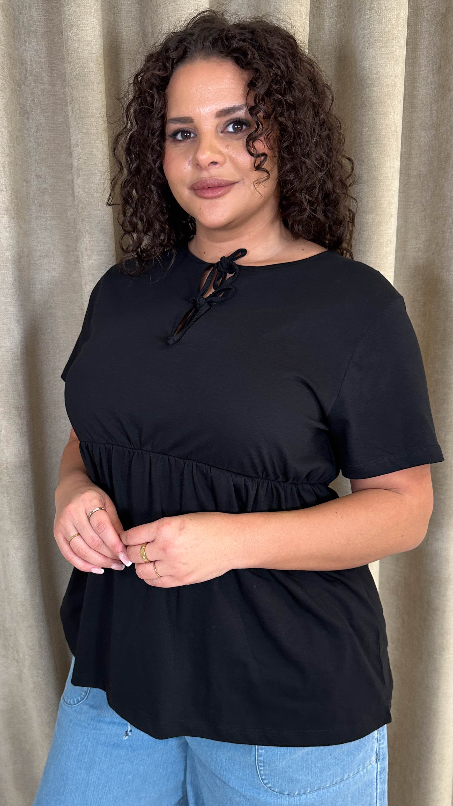 CurveWow Cotton Tie Front Peplum Top Black - Image 6