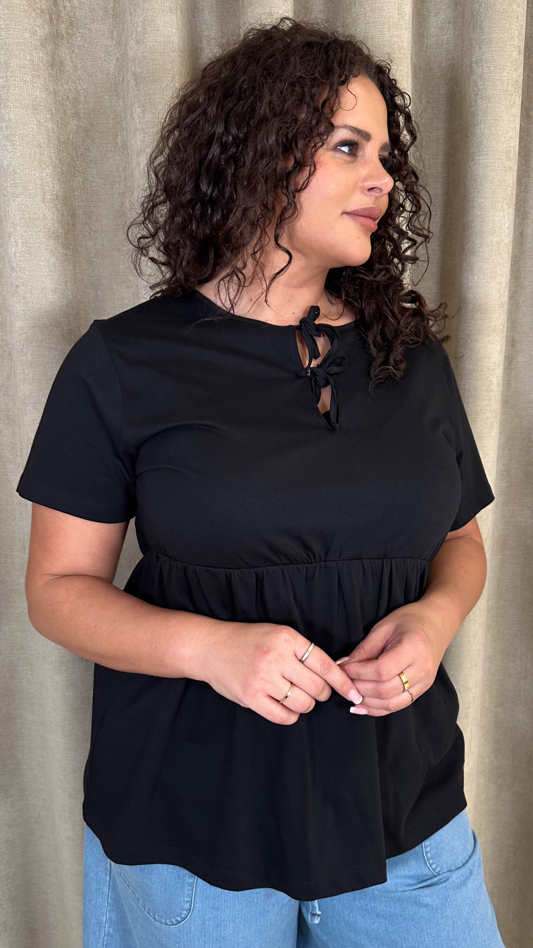 CurveWow Cotton Tie Front Peplum Top Black - Image 8