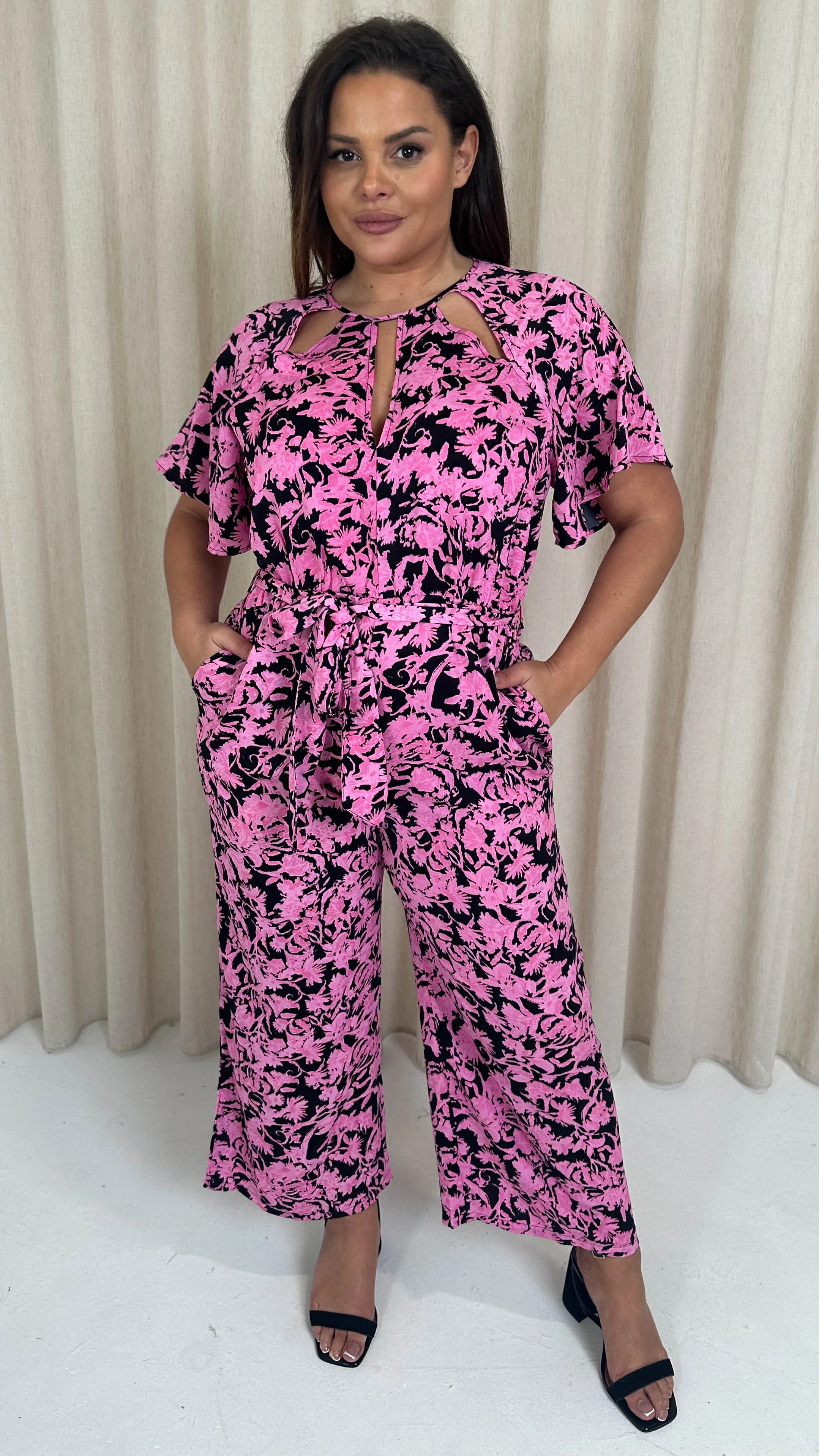 CurveWow Cut Out Drape Sleeve Jumpsuit Black Pink Floral