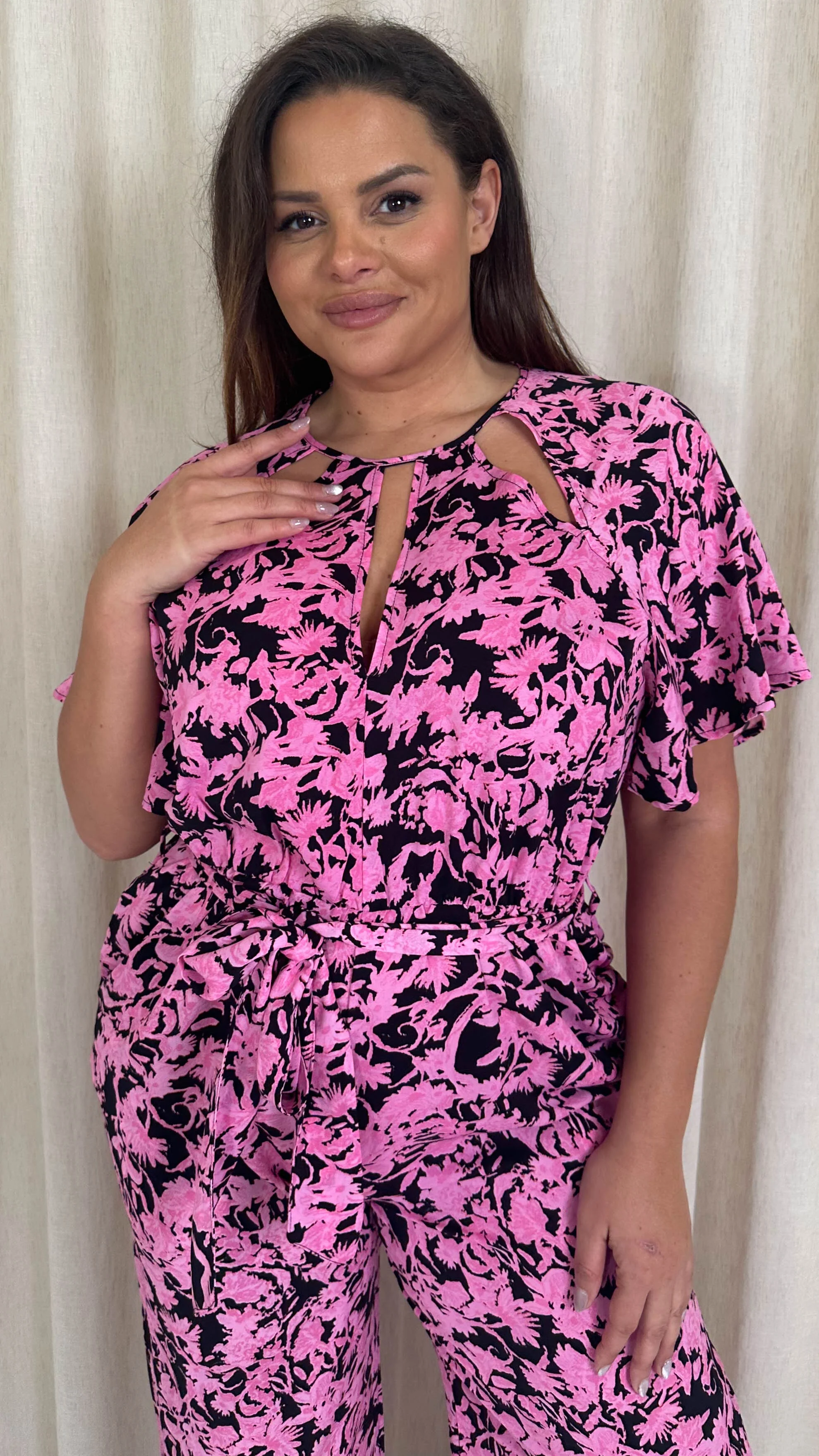 CurveWow Cut Out Drape Sleeve Jumpsuit Black Pink Floral - Image 2