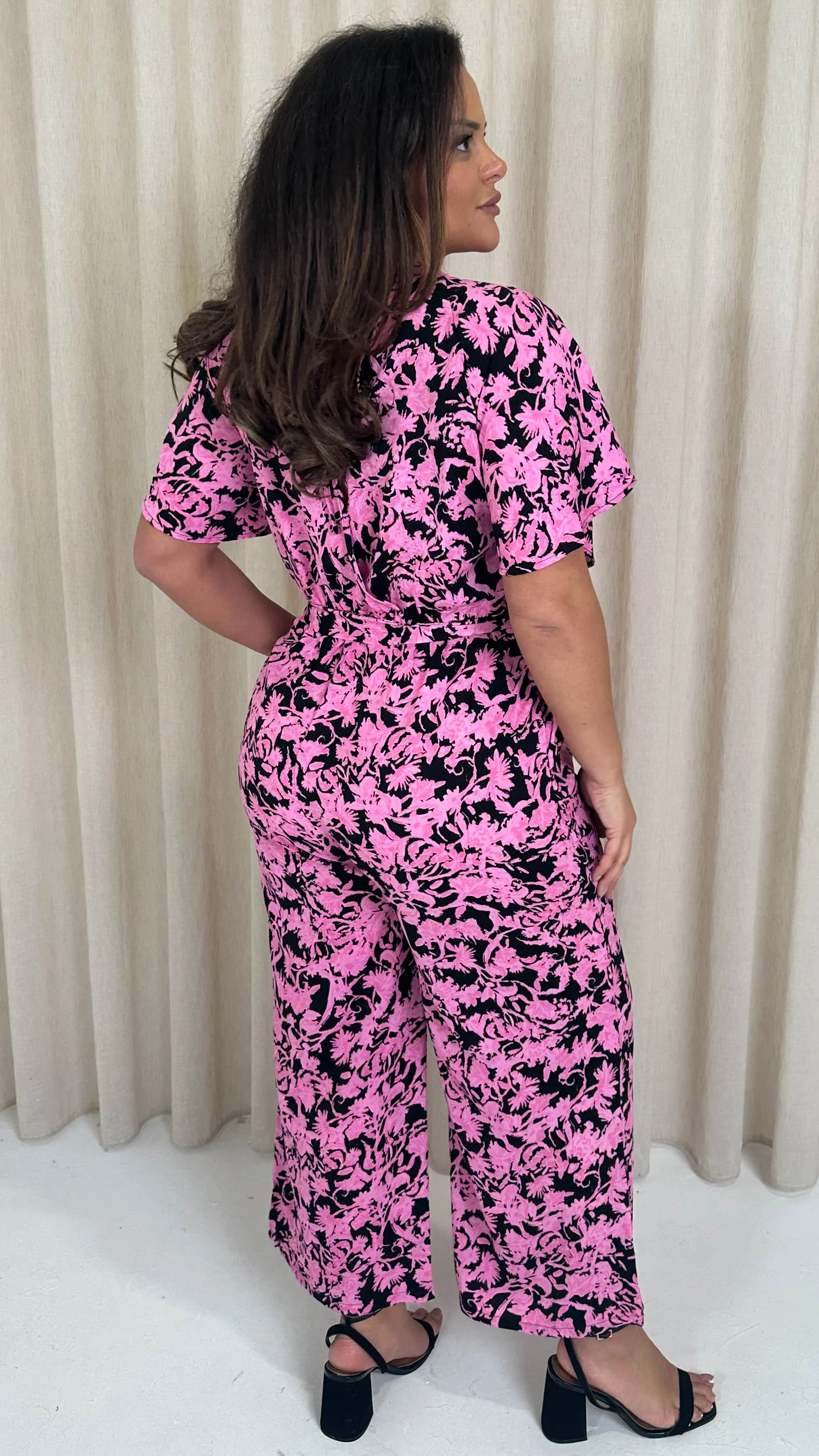 CurveWow Cut Out Drape Sleeve Jumpsuit Black Pink Floral - Image 6