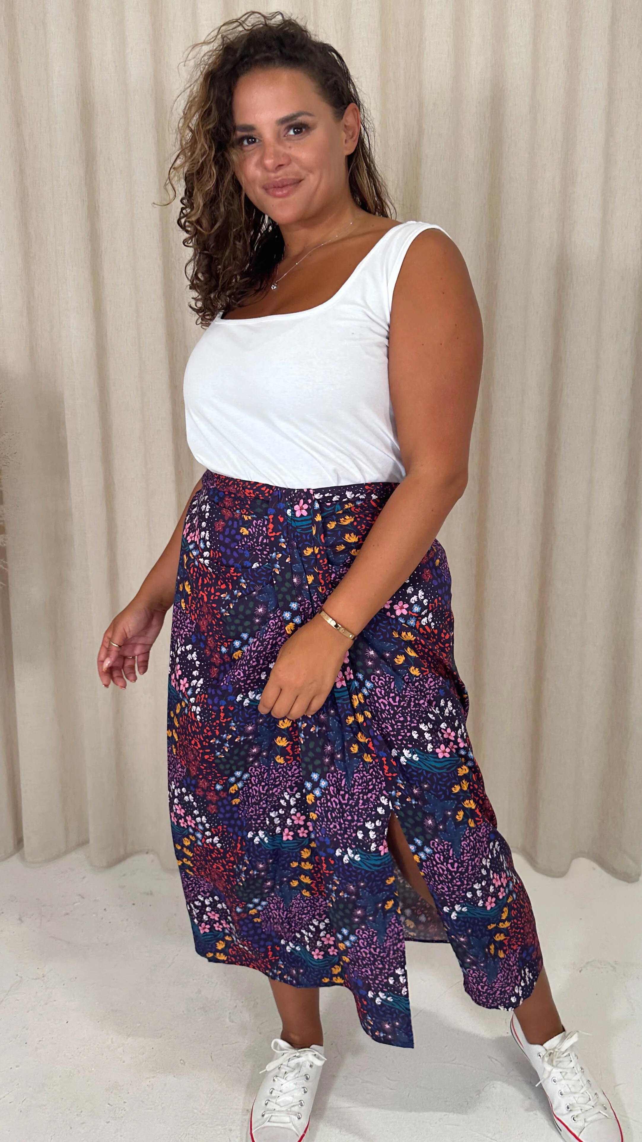 CurveWow Printed Drape Front Midi Skirt Mixed Patchwork Floral - Image 4