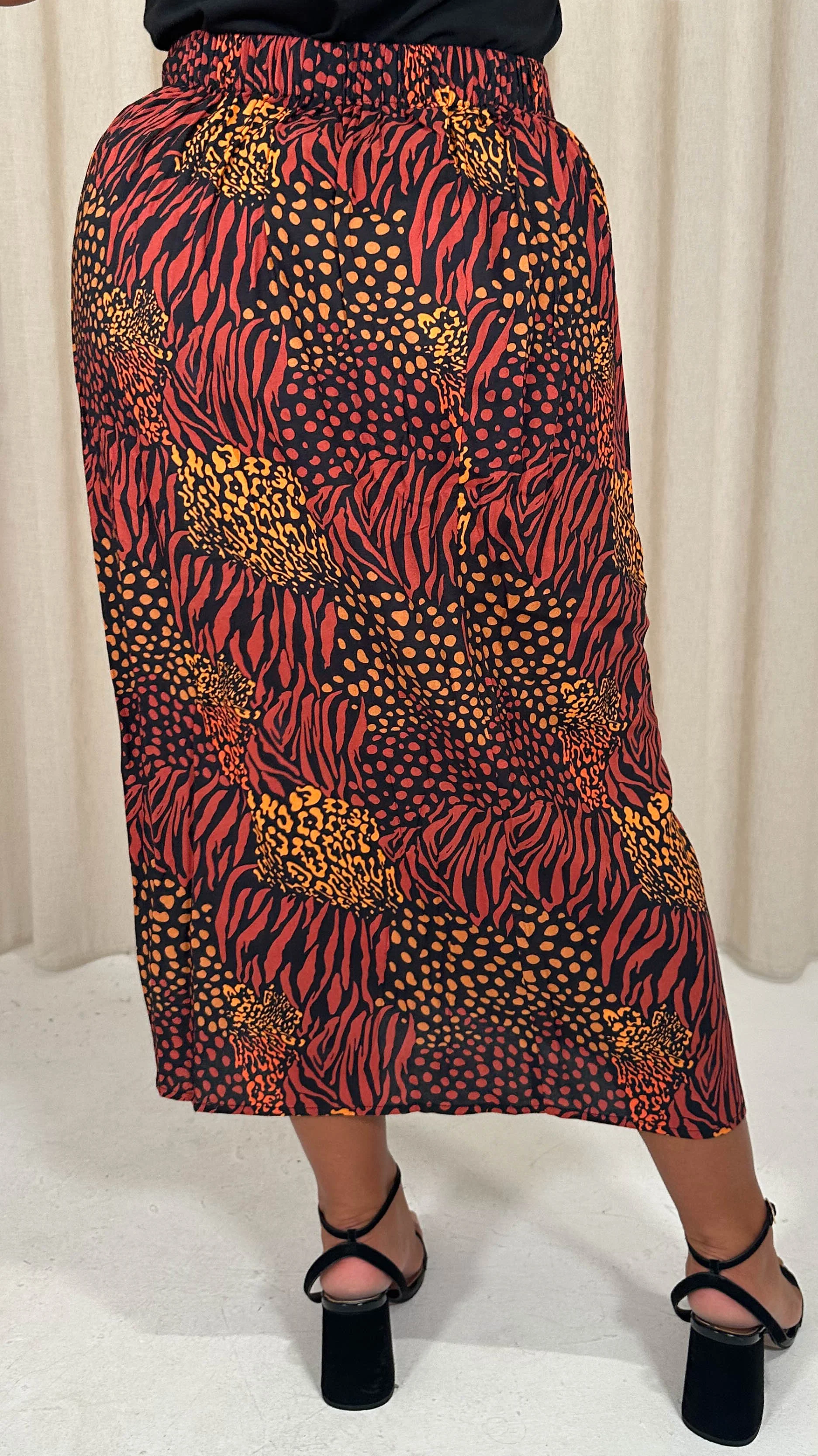 CurveWow Printed Drape Front Midi Skirt Rust Mixed Animal - Image 6