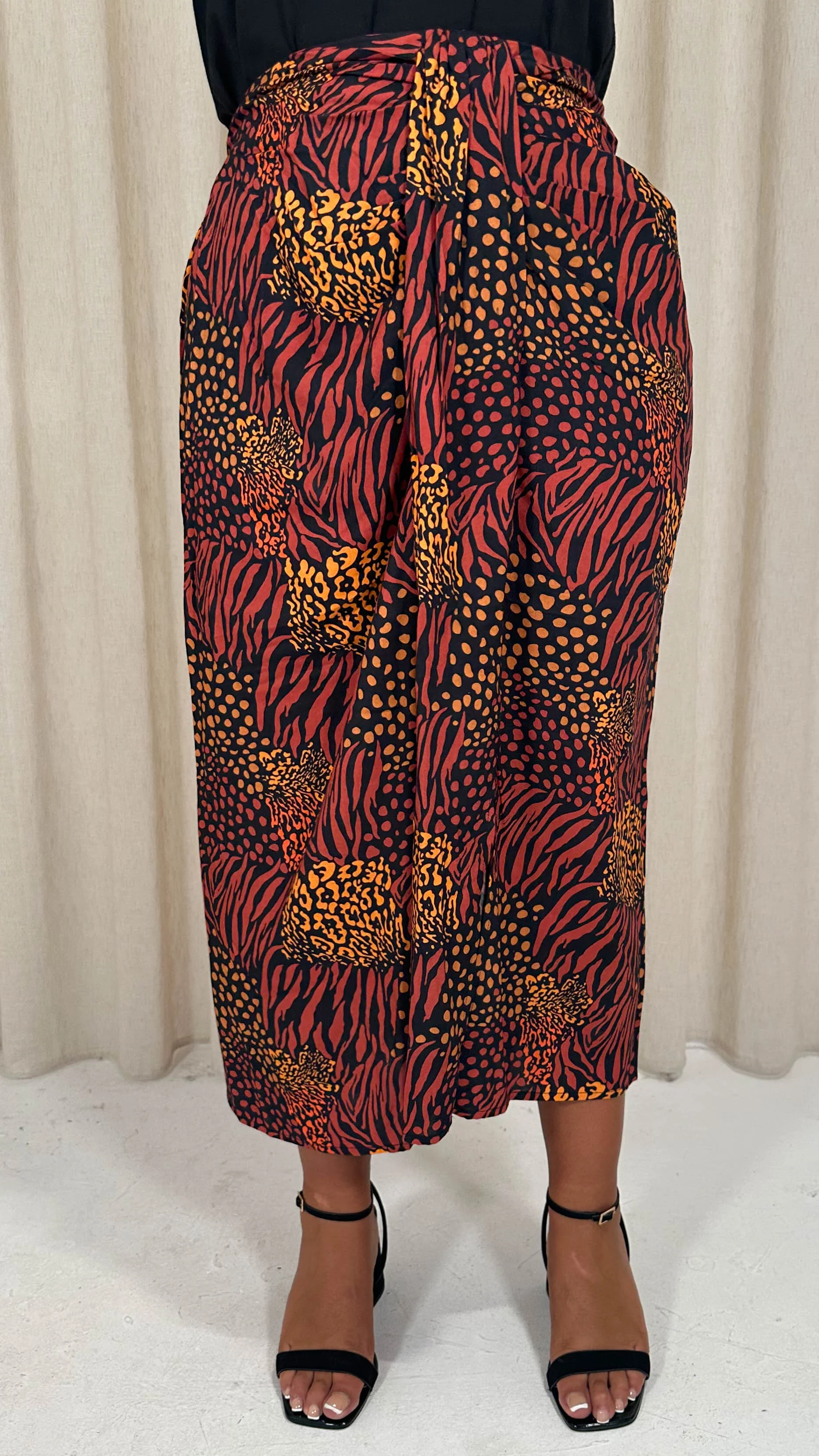 CurveWow Printed Drape Front Midi Skirt Rust Mixed Animal - Image 7