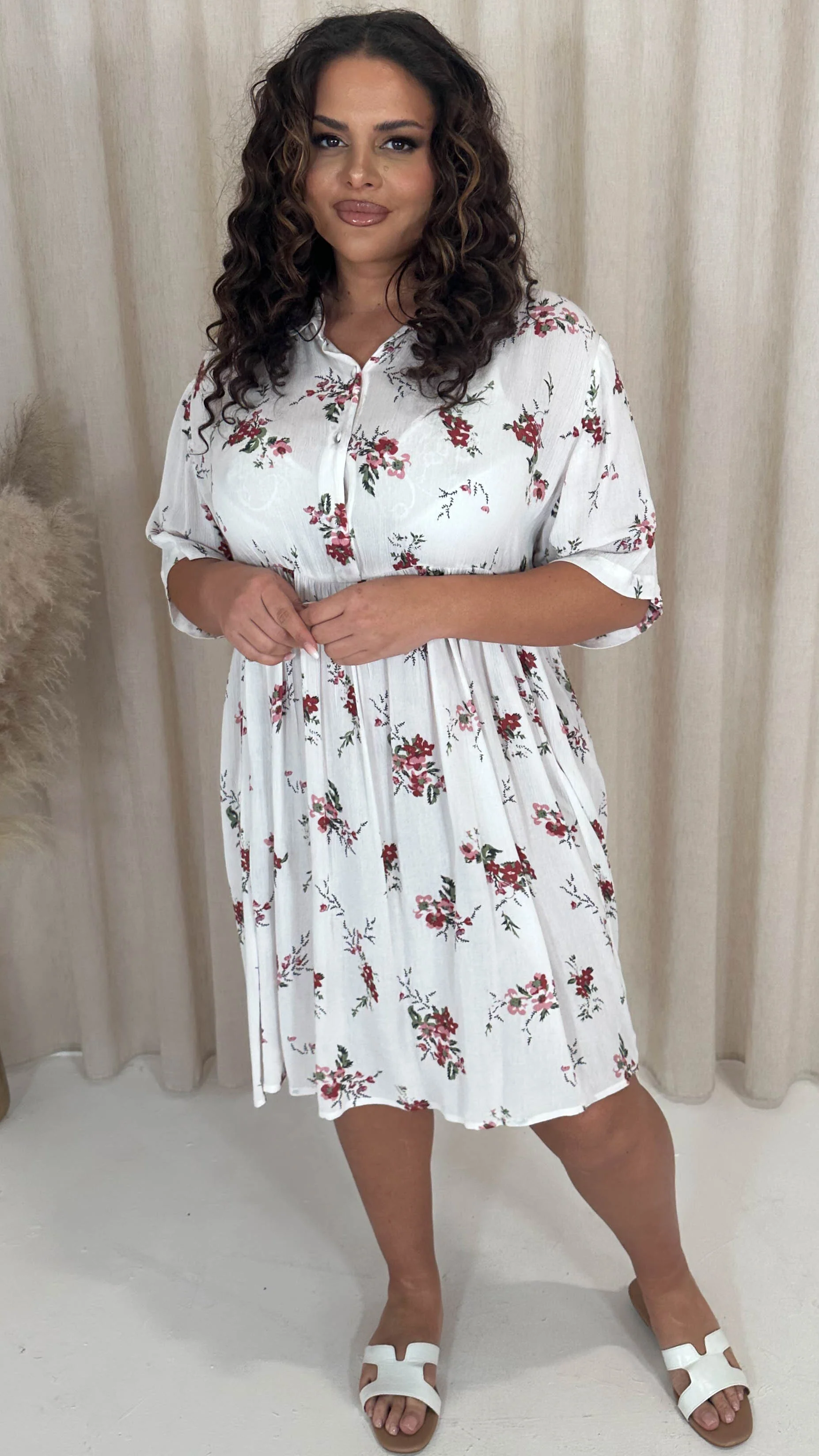 CurveWow Printed Drop Waist Shirt Dress White - Image 3