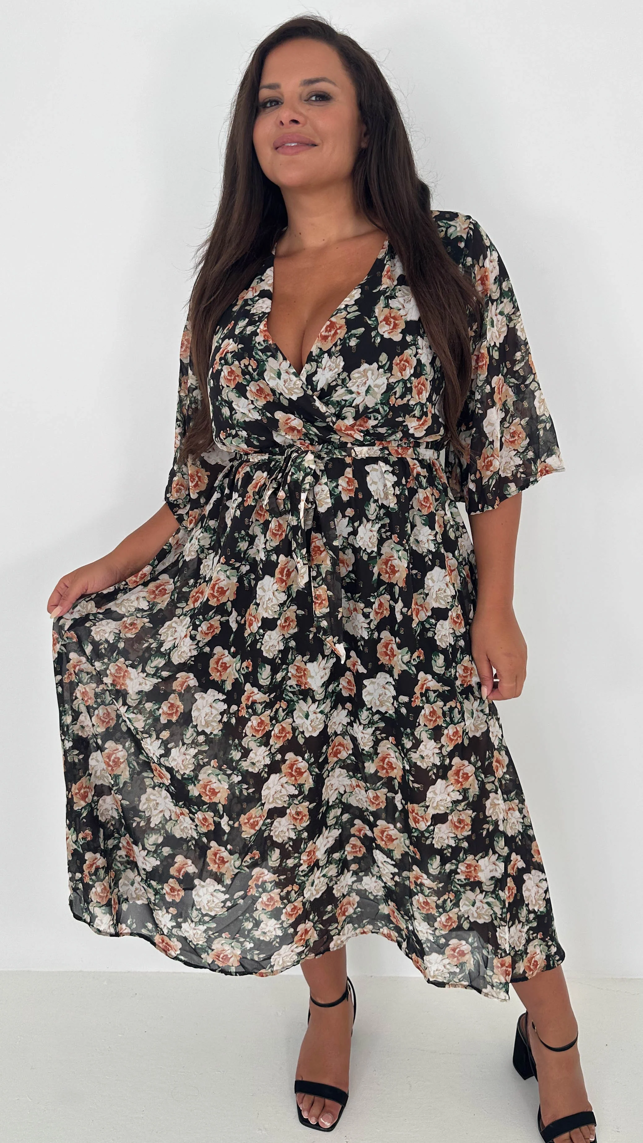 CurveWow Flared Sleeve Maxi Dress Black Floral - Image 3
