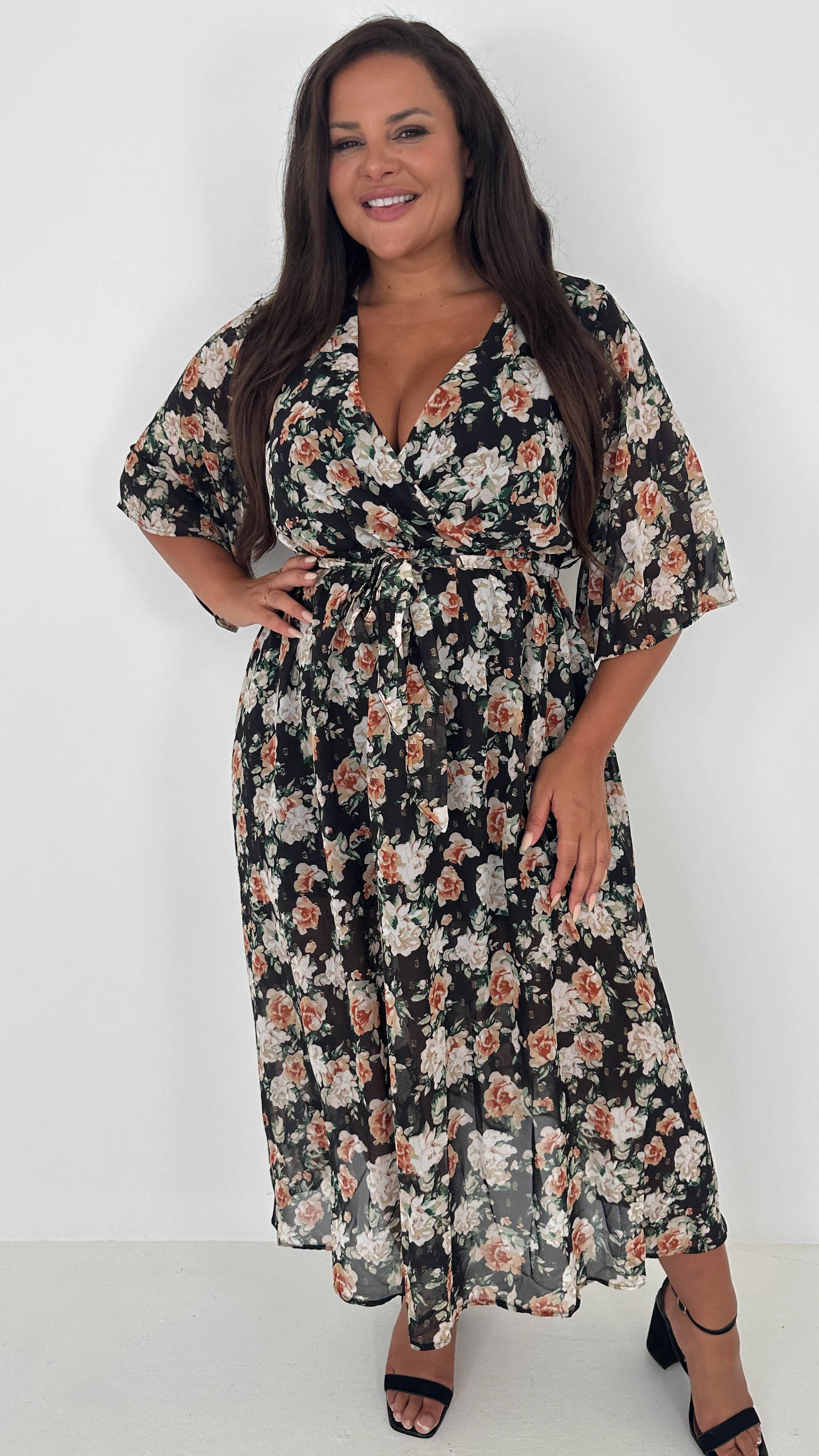 CurveWow Flared Sleeve Maxi Dress Black Floral - Image 4
