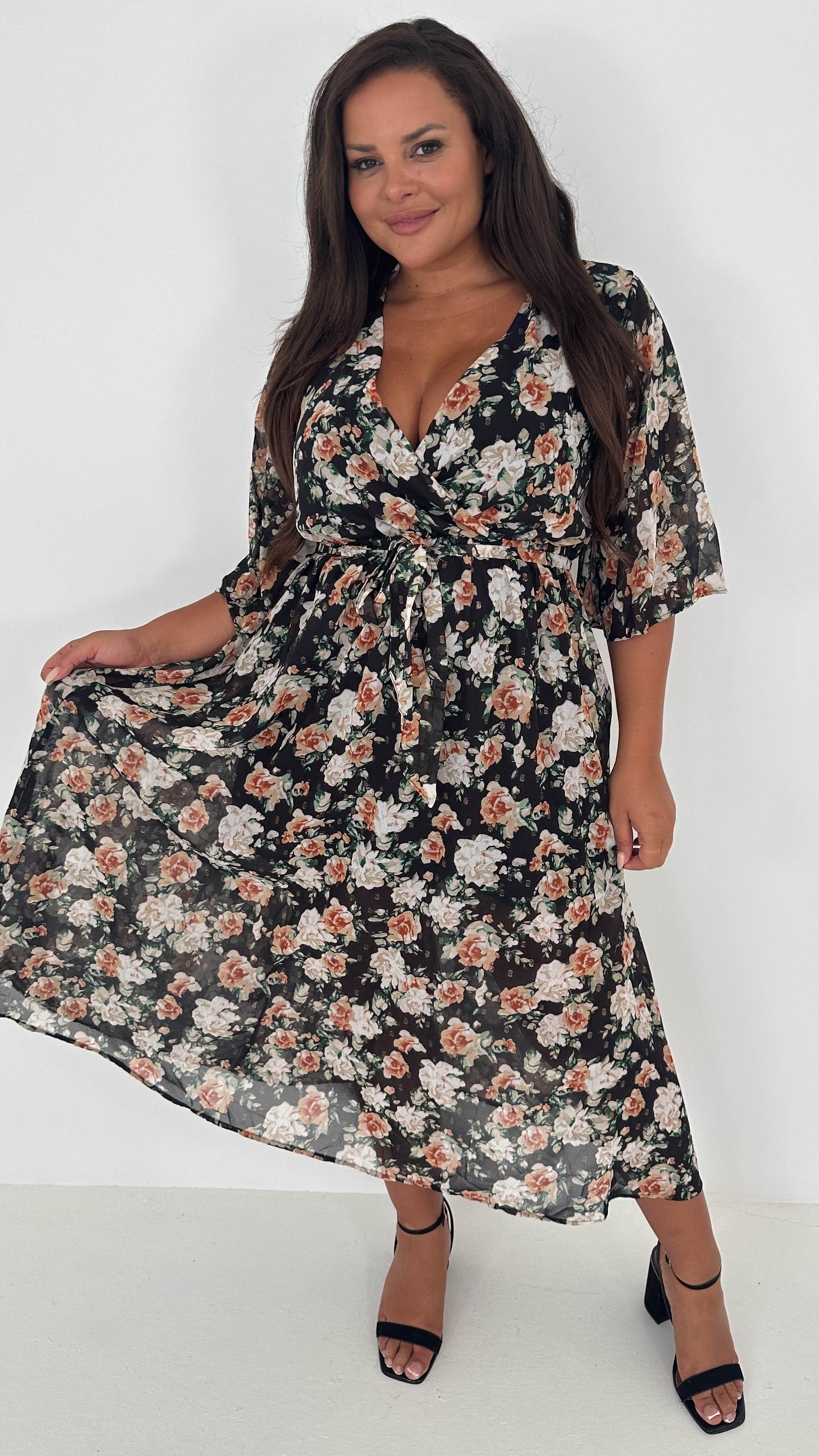 CurveWow Flared Sleeve Maxi Dress Black Floral - Image 6