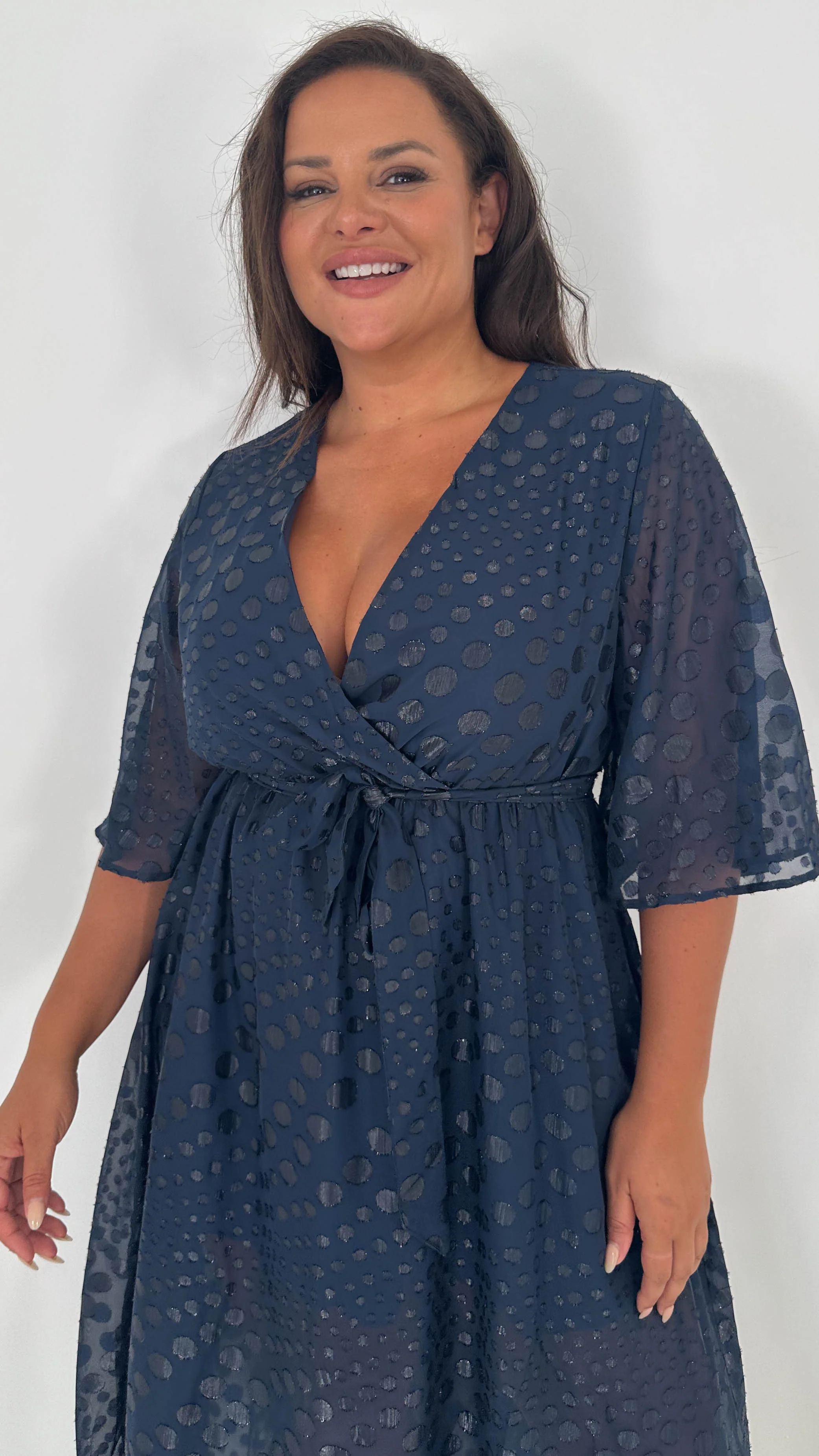 CurveWow Flared Sleeve Maxi Dress Navy Spot - Image 2