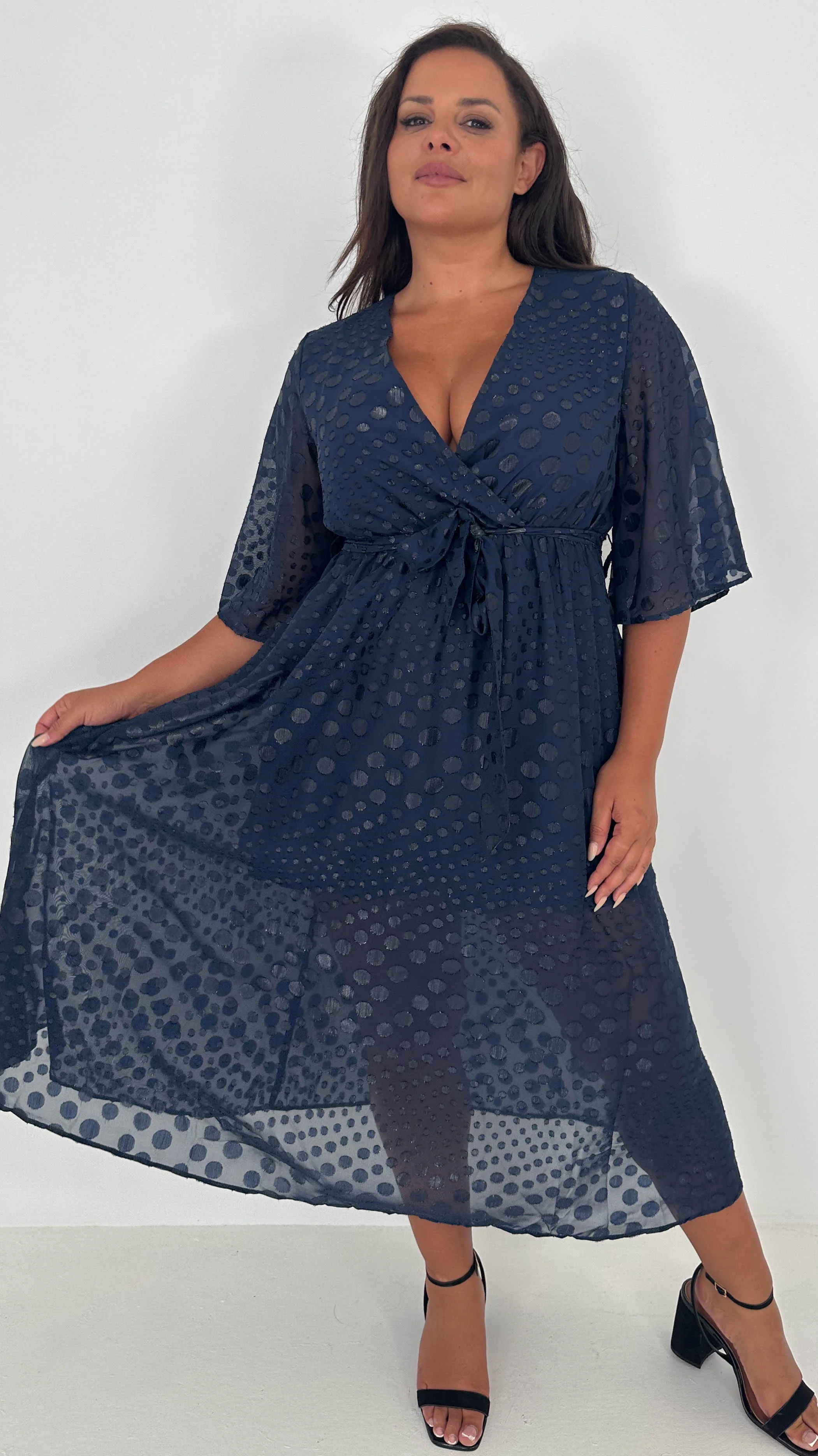 CurveWow Flared Sleeve Maxi Dress Navy Spot - Image 3